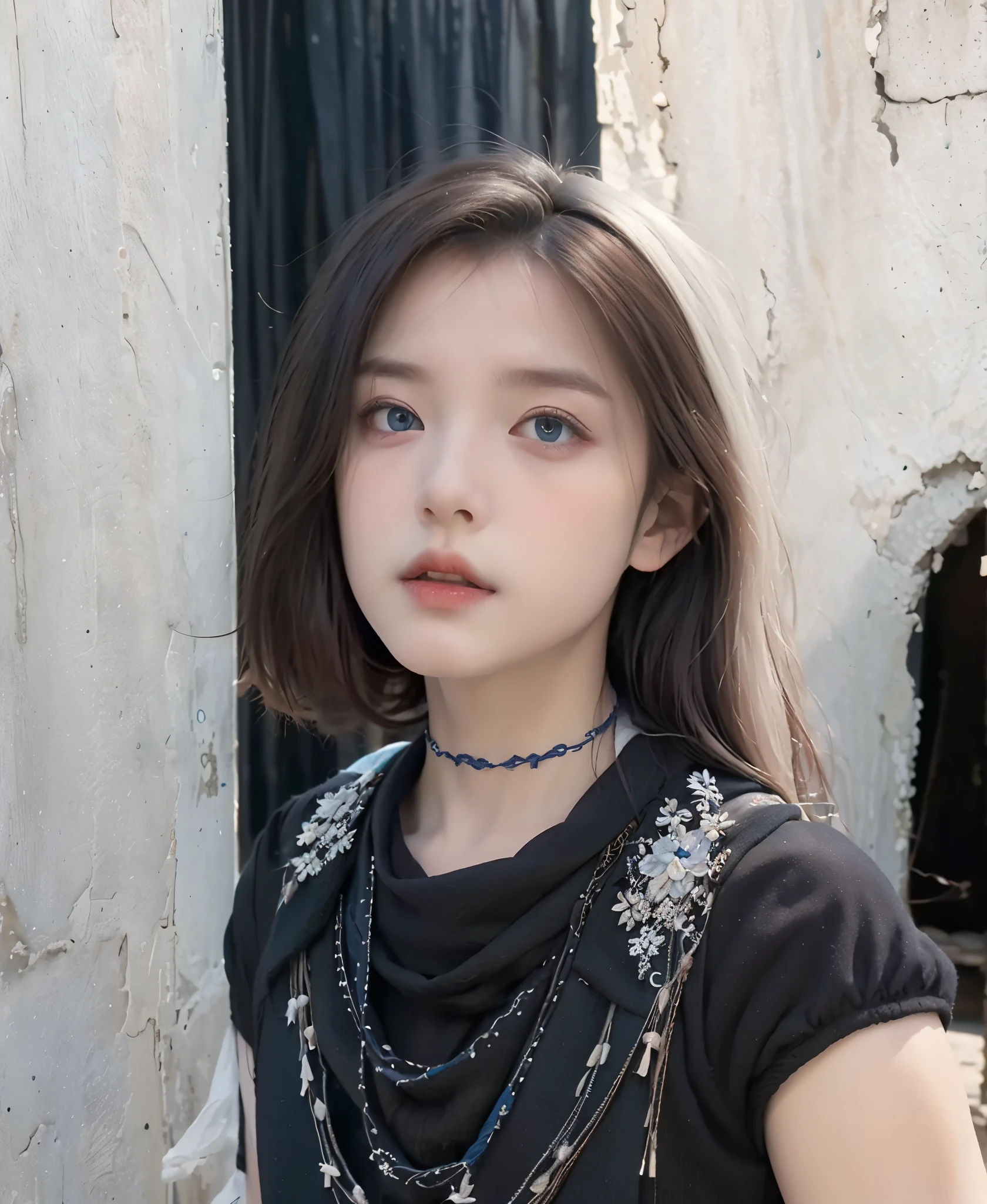 best quality, (wide shot), CGSsociety, 8K, ultra-realistic, masterpiece, dark elf, white hair, blue eyes, white clothes, black scarf, looking up, upper body, lock of hair, dark skin, straight and loose hair