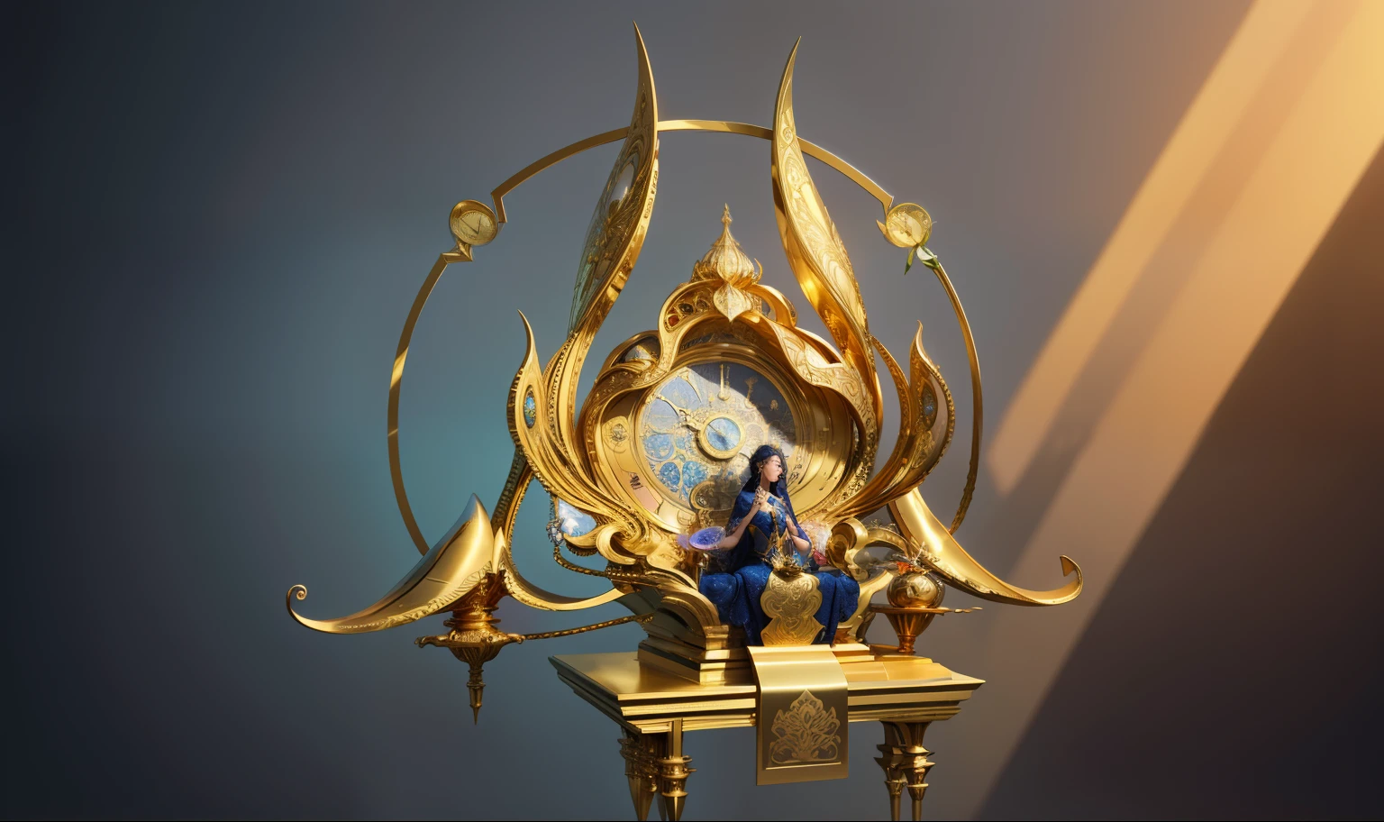 clock with gold frame,There is a flower on it, Gold-plated lotus, Lying on the throne of fantasy land, Perched on an intricate throne, concept art magical highlight, Animation New Art Universe Display, Morebach's artistic style, Depicted as game concept art, concept-art, concept-art, Art Nouveau octane rendering, mohrbacher