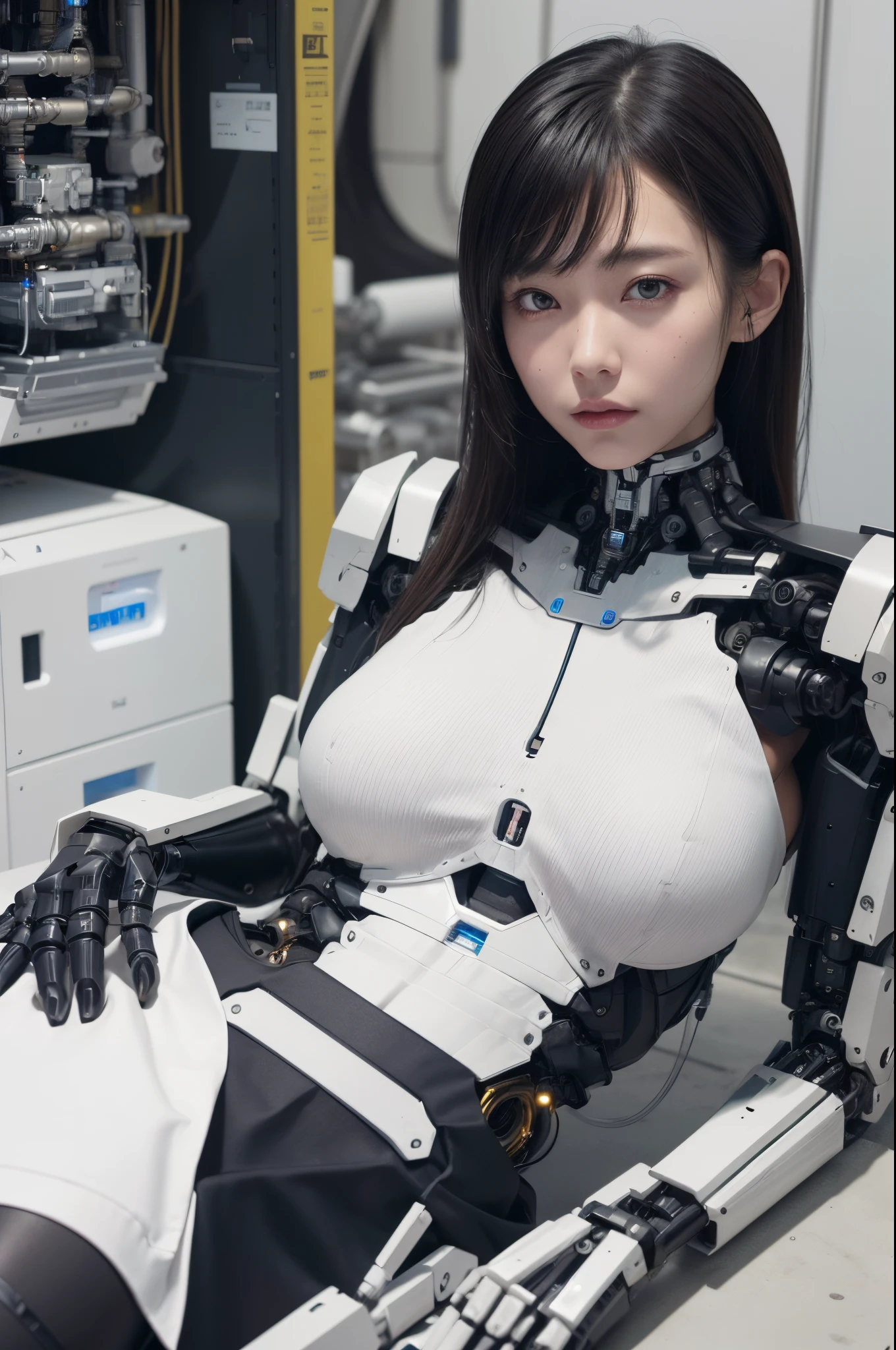 masterpiece, best quality, extremely detailed, (photorealistic:1.4),(RAW photo) (8K, 4K, Best Quality, hight resolution, 超A high resolution:1.1), (masutepiece, Realistic, Photorealsitic:1.1), 1girl in, Japaese Cyborg Girl,Plump ,navy pleated miniskirt,black tights,control panels,android,Droid,Mechanical Hand, ,clothes with a sense of mechanical technology, Robot arms and legs, Black Robot Parts,Black hair,Mechanical body,Blunt bangs,White abdomen,White robotics parts,tube dress,perfect robot woman,future laboratory,cyber pank,charging spot,android factory,robot factory,cyborg factory,long tube,thick cable connecting her neck,ceramic body ,full eyes,striking eyes,mechanical body, head antenna,mechanical ear cover,android,robot humanoid,