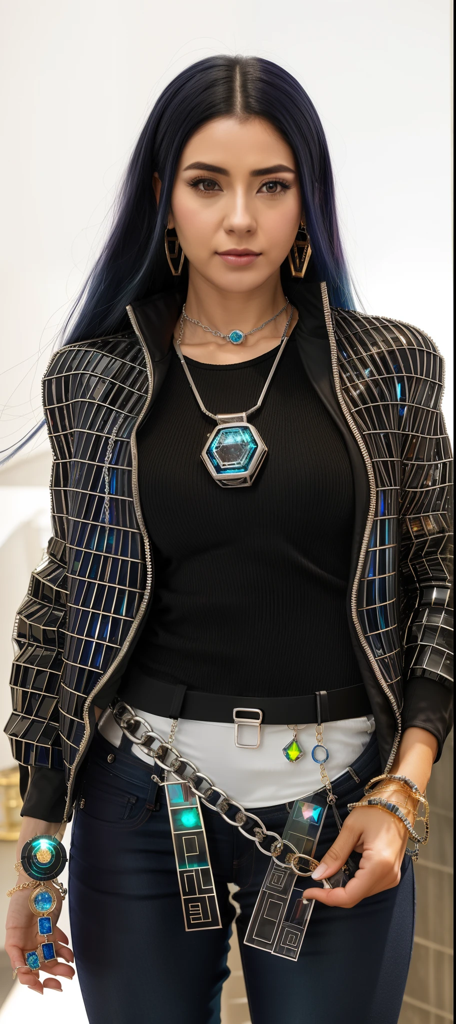 woman in black jacket and jeans holding a blue object, wearing several pendants, joias de cristal refrativo, colar sci fi, Close-up de corpo inteiro, Paste on display, durante, com runas brilhantes no corpo, colar, usando roupas netrunner, aura negra brilhante, cyber necklace, Hinata Hyuga, Naruto, Fechar tiro de corpo inteiro