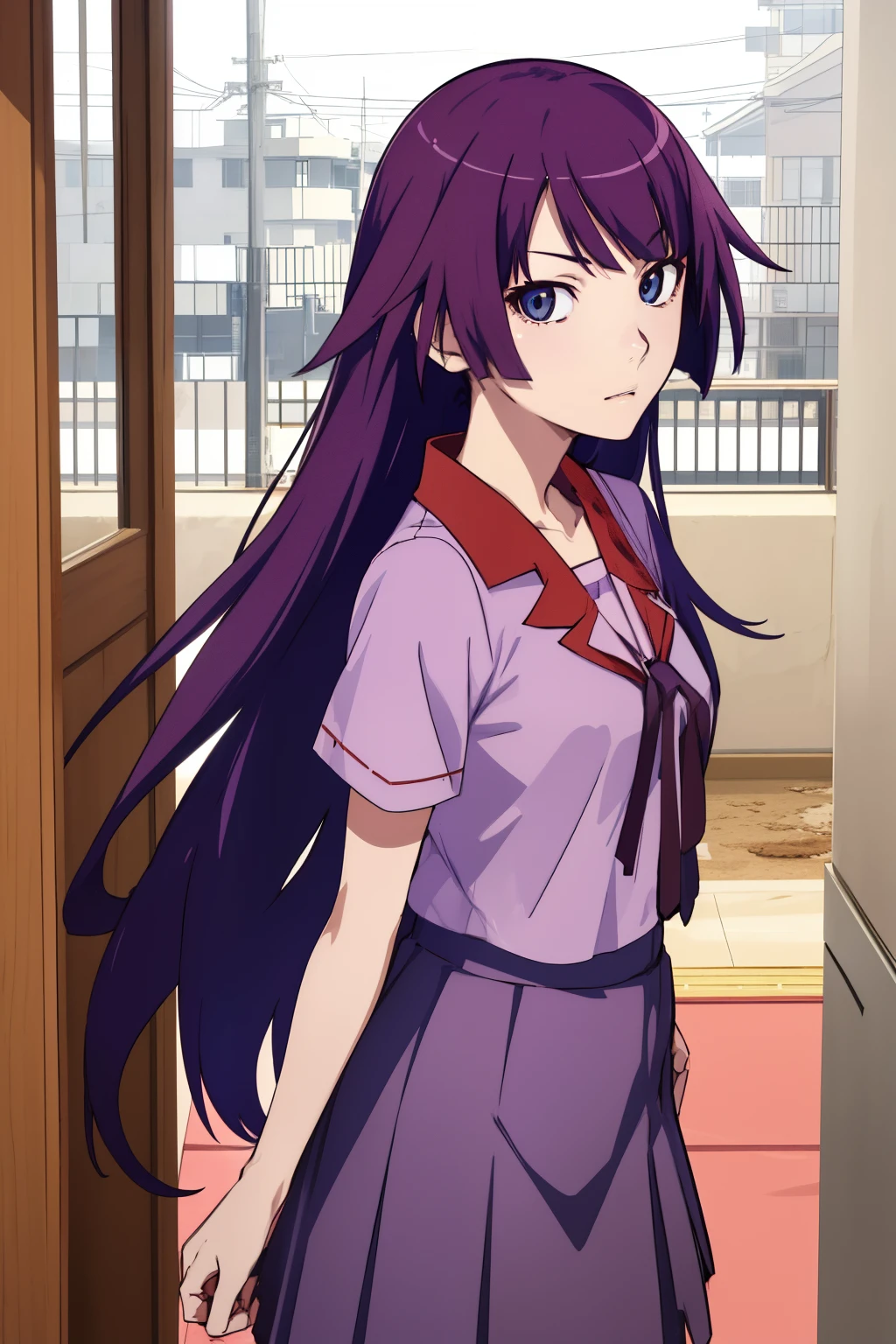 hitagisenjougahara, 1girl, solo, long hair,  blue shirt, looking at viewer, blue eyes, brown skirt, skirt, standing, purple hair, senjougahara hitagi,
house, home, upper boy shot,