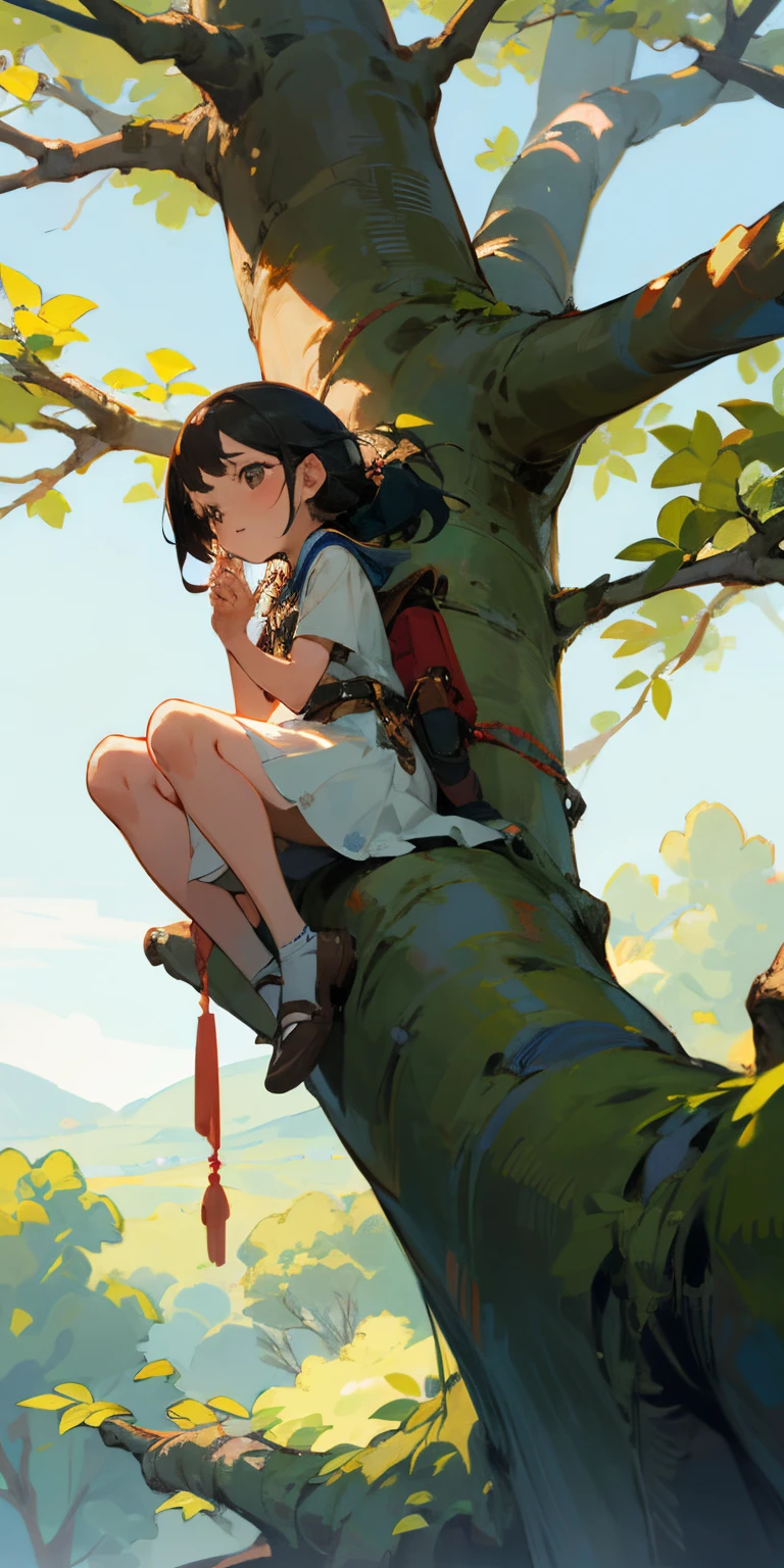 a littel girl siting on a magical tree