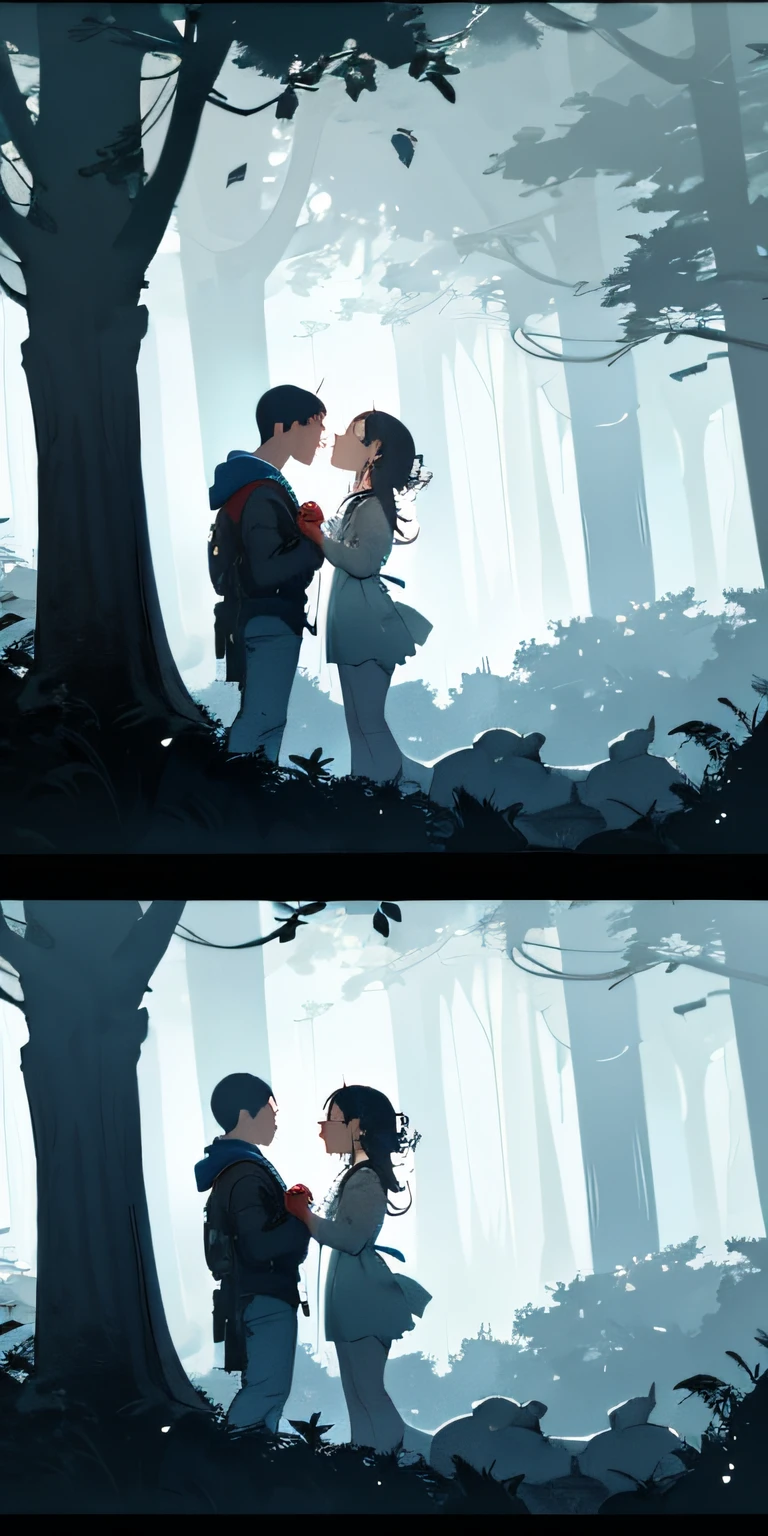 In a magical forest a boy and a girl kissing
