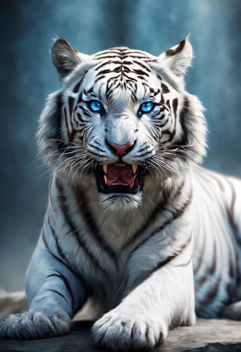 "(Best quality,A high resolution),actual,White Tiger,striking blue eyes,There are striped ones,Powerful gestures,The expression is fierce,Majestic,Beautiful movements,ferocious,Predator,The beautiful,artistation render,k hd,hyper HD,vibrant with colors,Delicate fur,Studio lighting,to contrast,light and shadows"