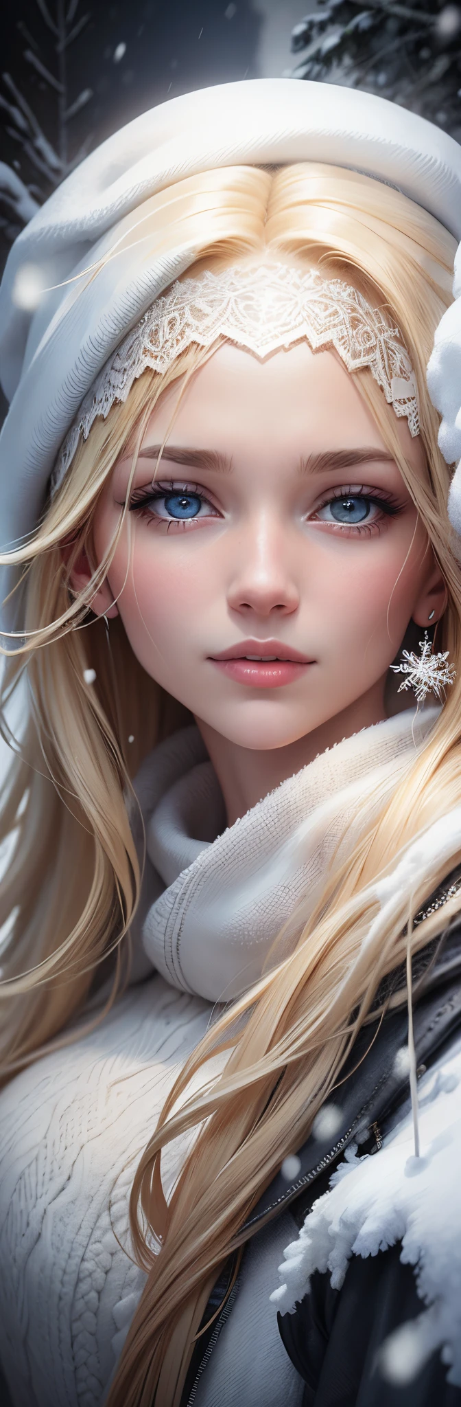 a young blond woman in winter clothing looking at camera with snow falling, beautiful digital artwork, realistic digital art 4 k,