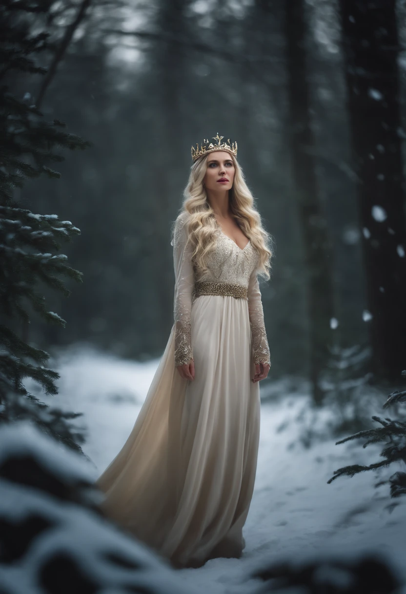 In the snowy forest,A blonde woman,Wearing a noble long dress,Crown on head,Similar to the queen of the elves