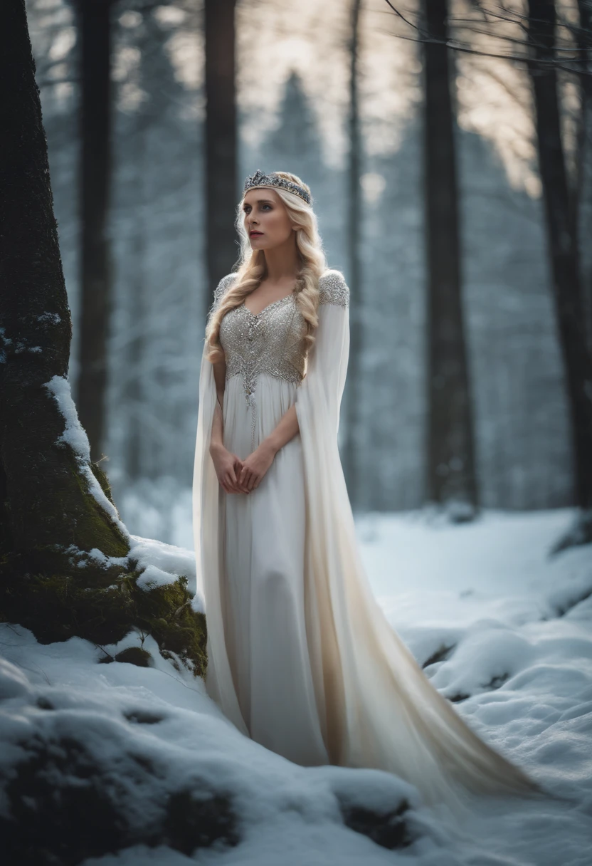 In the snowy forest，A blonde woman，Wearing a noble long dress，Crown on head，Similar to the queen of the elves