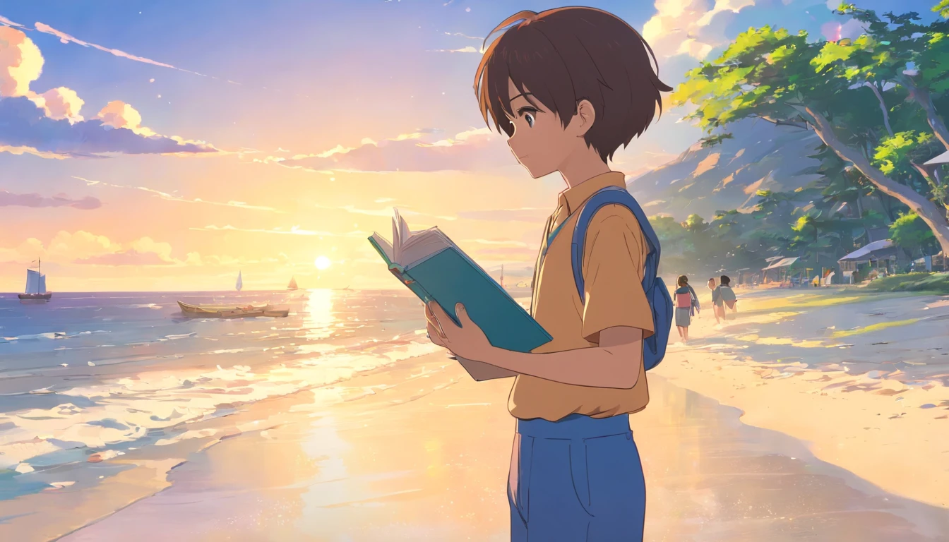 The man holds a book,Tell stories to many children. he is at the beach. The picture is warm, Lovely and warm.