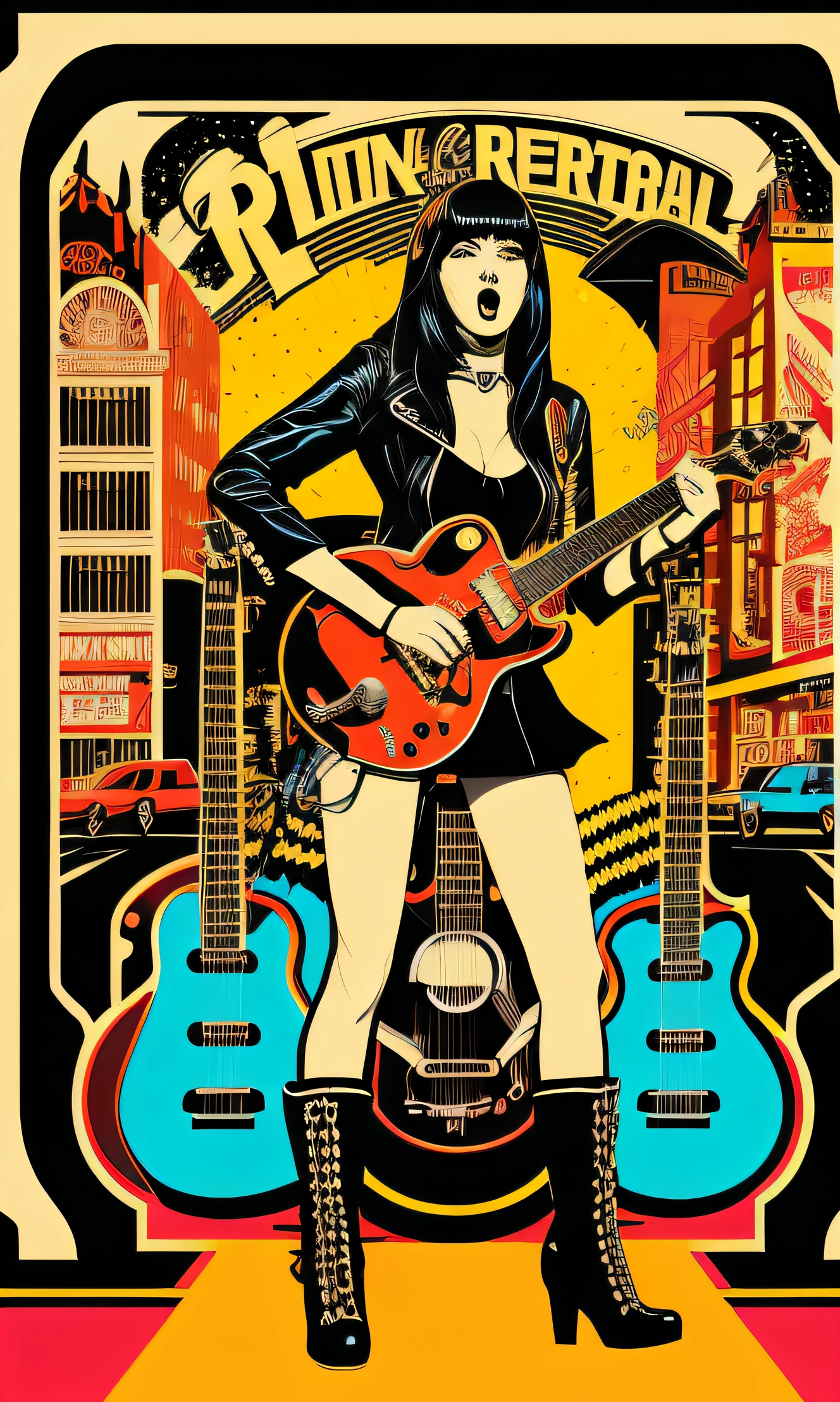 Rock and roll woman holding guitar in front of retro street,Facial expression with mouth open and shouting,Street graffiti,vector artwork, Hand drawn illustrations, Inspired by Sid Barrett, Inspired by John Kell, Inspired by Malcolm Morley, Poster artwork, At that time Martin, James Edmiston, hq artwork, Very detailed vector art, The is very detailed, Martin Ansing Art Portrait, josan gonzales!!!