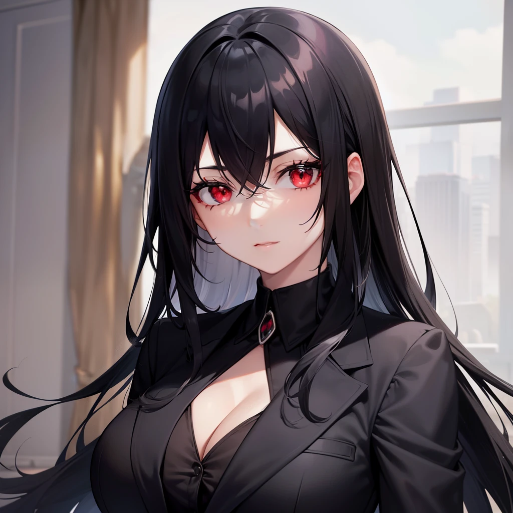 A beautiful woman with deep red eyes and blackish hair, wearing a all black suit, black gloves and looking at you coldly