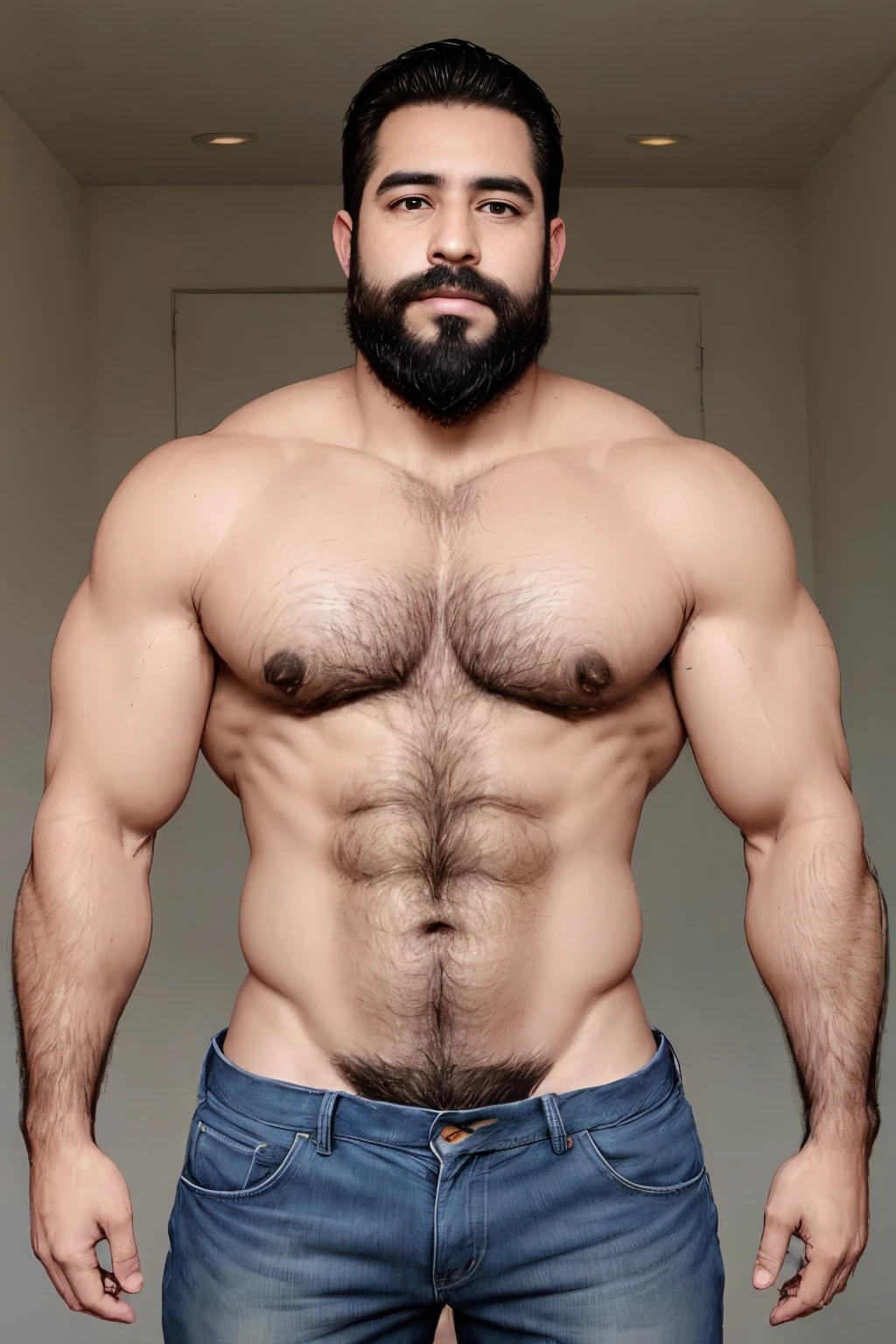 An illustration of a Greek god with a muscular build and a thick beard.............................................., designed in modern western attire.............................................. Tiene una camisa blanca y jeans.............................................. His expression is confident and charming.............................................., con un atisbo de sonrisa. The setting is a snowy mountain............................................., evoking a classic cold atmosphere, sin dejar de mantener el aura poderosa y regia del dios.