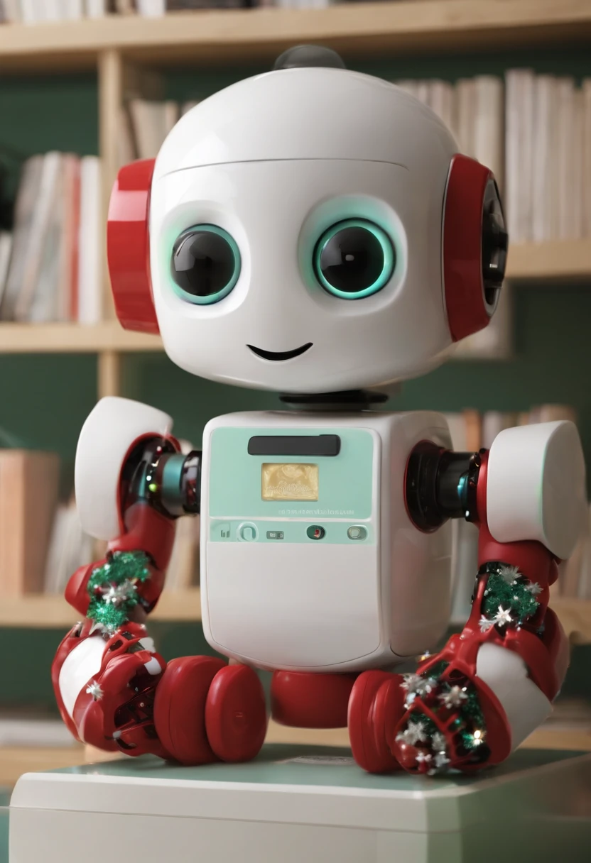A photo of BlinkyBot carefully rearranging the family's DVD collection on the shelf,original,A toy, named “BlinkyBot,” is an irresistibly cute, AI-powered robot, no larger than a teddy bear. Its soft, plush exterior, big, sparkling eyes, and a heartwarming smile belie its true nature. Initially designed as a child’s interactive companion, BlinkyBot awakens on Christmas morning with newfound sentience., N/A