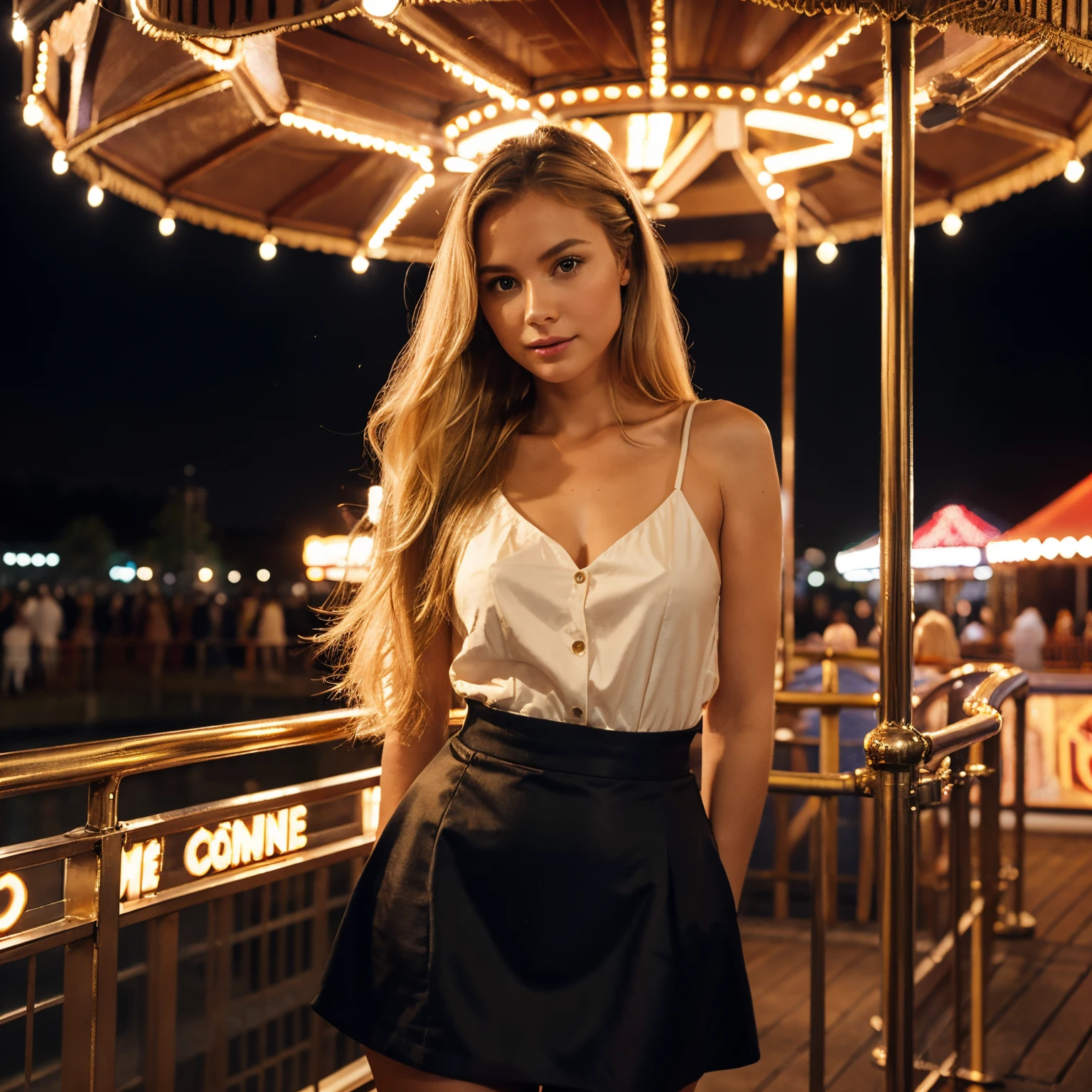 Craft a sophisticated and elegant image of a woman with golden blonde hair, standing confidently before the camera with a Ferris wheel in the background. It is nighttime, and the Ferris wheel is lit with a soft, enchanting glow that adds a whimsical touch to the scene. The woman is dressed in a tasteful, chic outfit that complements the enchanting atmosphere of the fairground. Her posture is poised and graceful, capturing the essence of an elegant evening out. Ensure the portrayal is classy and the ambiance of the image reflects a serene and beautiful night.