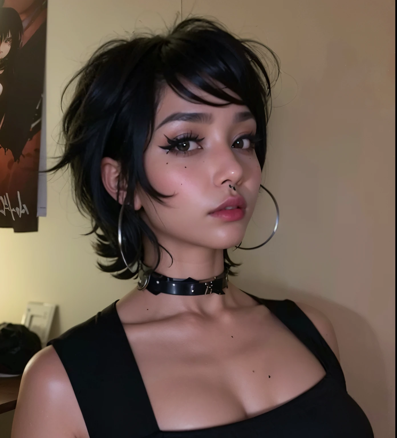 arafed woman with a black top and a black choke, 1 7 - year - old goth girl, 1 7 - year - old anime goth girl, black hime cut hair, messy black bob hair, with short hair, goth girl aesthetic, cruel korean goth girl, with short hair with bangs, wearing black choker, short messy hair, she has black hair with bangs