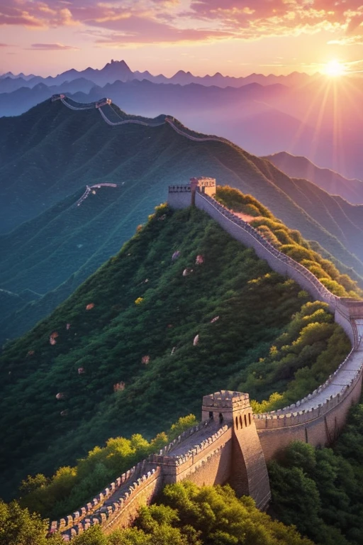 最好质量，超高分辨率，real photograph，The Great Wall under the sunset，Mountains，Mountains and mountains