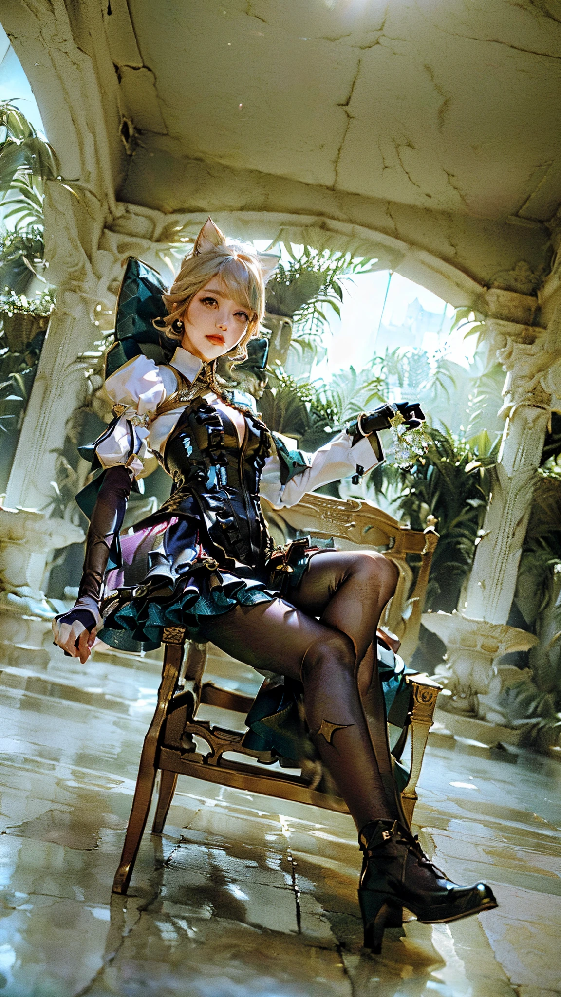 ((Lynette_Genshin Impact)),((realistic, photorealistic)),(highlight hair)), Light reflection, (( HD )), navel, detached sleeves,((upper body)), (((best quality, masterpiece))), there is a woman sitting on a luxurious chair, cosplay photo, anime cosplay, inspired by Lynette genshin impact,Behind the kingdom, the impression is that the palace is magnificent,White cat ears on top of the head