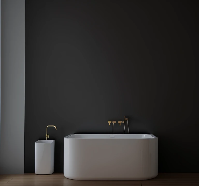 Please draw a picture with the same color tone as this picture， Water heater included in the picture，tinas。Hot water is being put in the bathtub