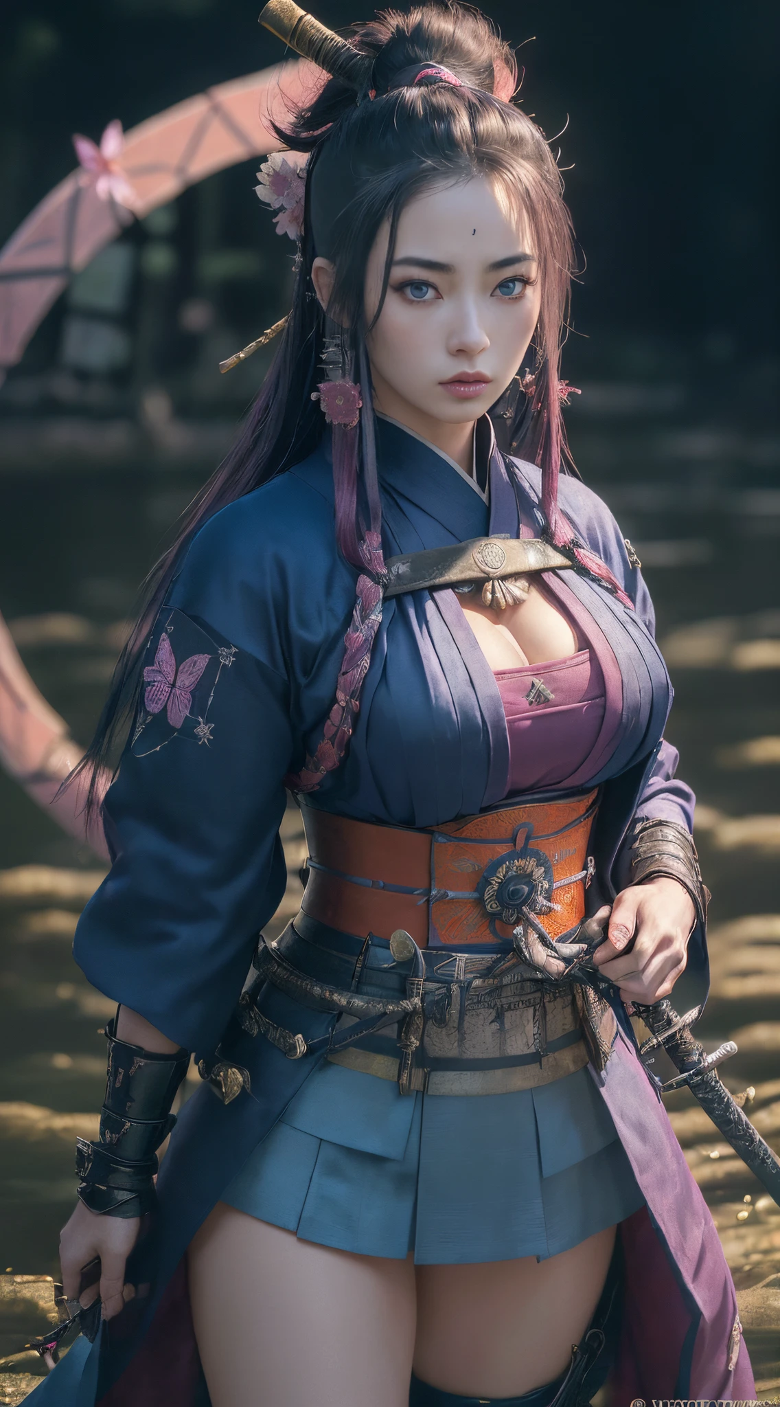 (Masterpiece, 8K resolution, ultra-realistic, very detailed), (beautiful face) (pretty eyes) (cleavage)(big breast)(wide hips)(narrow waist) (pearshaped figure) ((sensual  samurai action pose)(holding sword in one hand)(ass closeup view)(wears pink samurai attire )((25 years), (long blue and black hair:1.2), full body, (blue eyes:1.2), (sensual pose)), ((Nature environment):0.8)| (Pink blossom Garden landscape, at night, dynamic lights), (full moon)] # Explanation: The Prompt mainly describes “(("a sexy lady in a samurai outfit standing in a river with a sword, inspired by Kanō Hōgai, ghost of tsushima, samurai outfit, samurai style, samurai warrior, japanese samurai, cyberpunk samurai, japanese warrior, sekiro, as samurai, the samurai is wrapped in chains, very beautiful cyberpunk samurai, ronin, inspired by Kanō Sanraku “(highest quality, award winning, masterpiece:1.5), (photorealistic:1.6)"))((Surrounded by many butterflies flying ))(wears see through samurai attire),photorealistic(full body portrait)))”[(((samurai attire)))((holding a katana sword))]