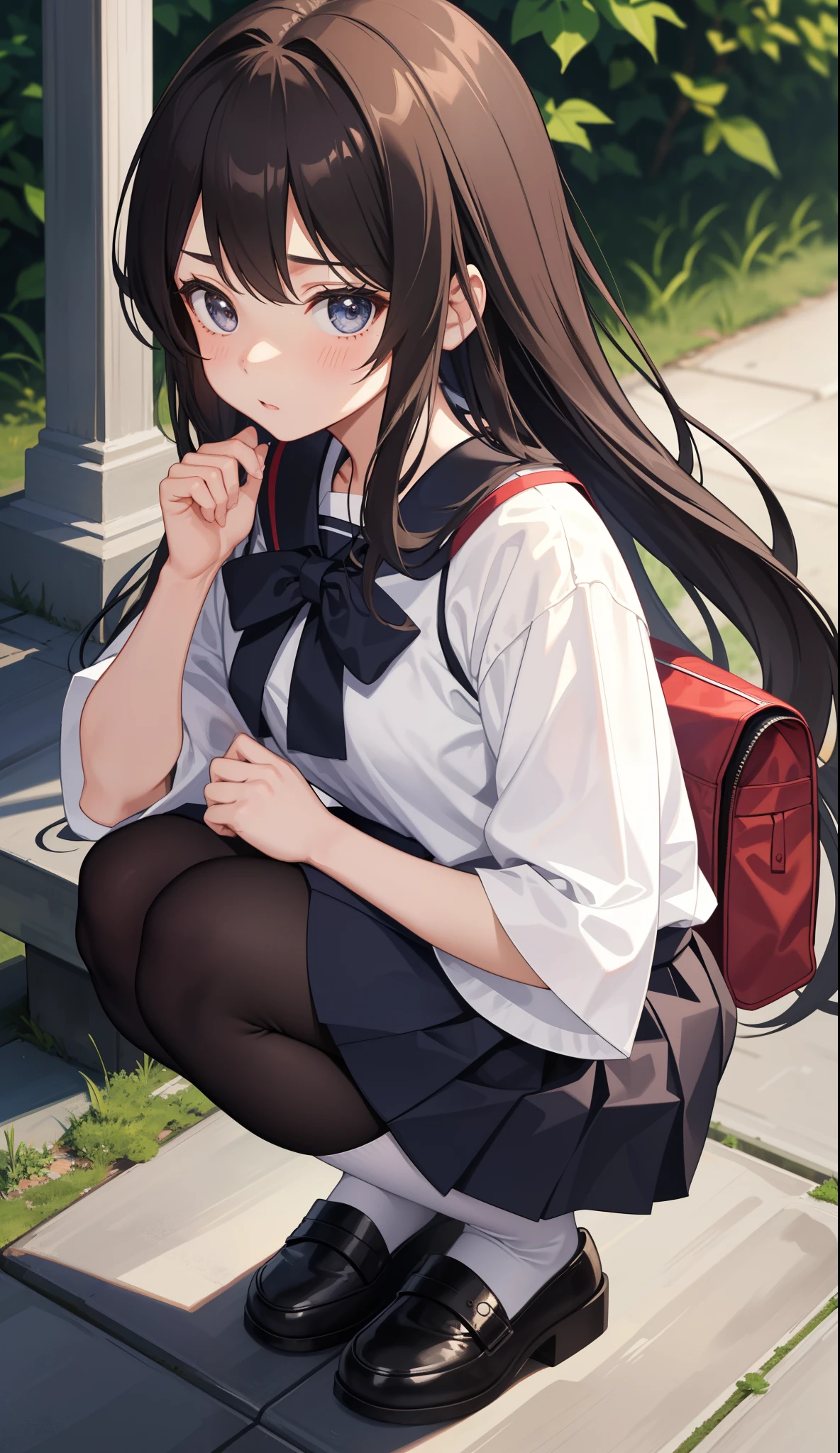 masterpiece, best quality, 1girl, solo, skirt, bag, outdoors, jacket, squatting, socks, shoes, looking at viewer, brown footwear, school uniform, plaid, loafers, blazer, brown hair, plaid skirt, black socks, long sleeves, bangs, open clothes, open jacket, bow, brown eyes, pleated skirt, bowtie, day, long hair, full body, bush, red bow, kneehighs, shirt, closed mouth, sleeves past wrists, backpack, hand on own face, red bowtie, black jacket, school bag, blush, plant, brown skirt, hand on own cheek, blurry, from side, hand up, looking to the side, collared shirt, miniskirt, white shirt, cardigan, grass, sweater, light smile