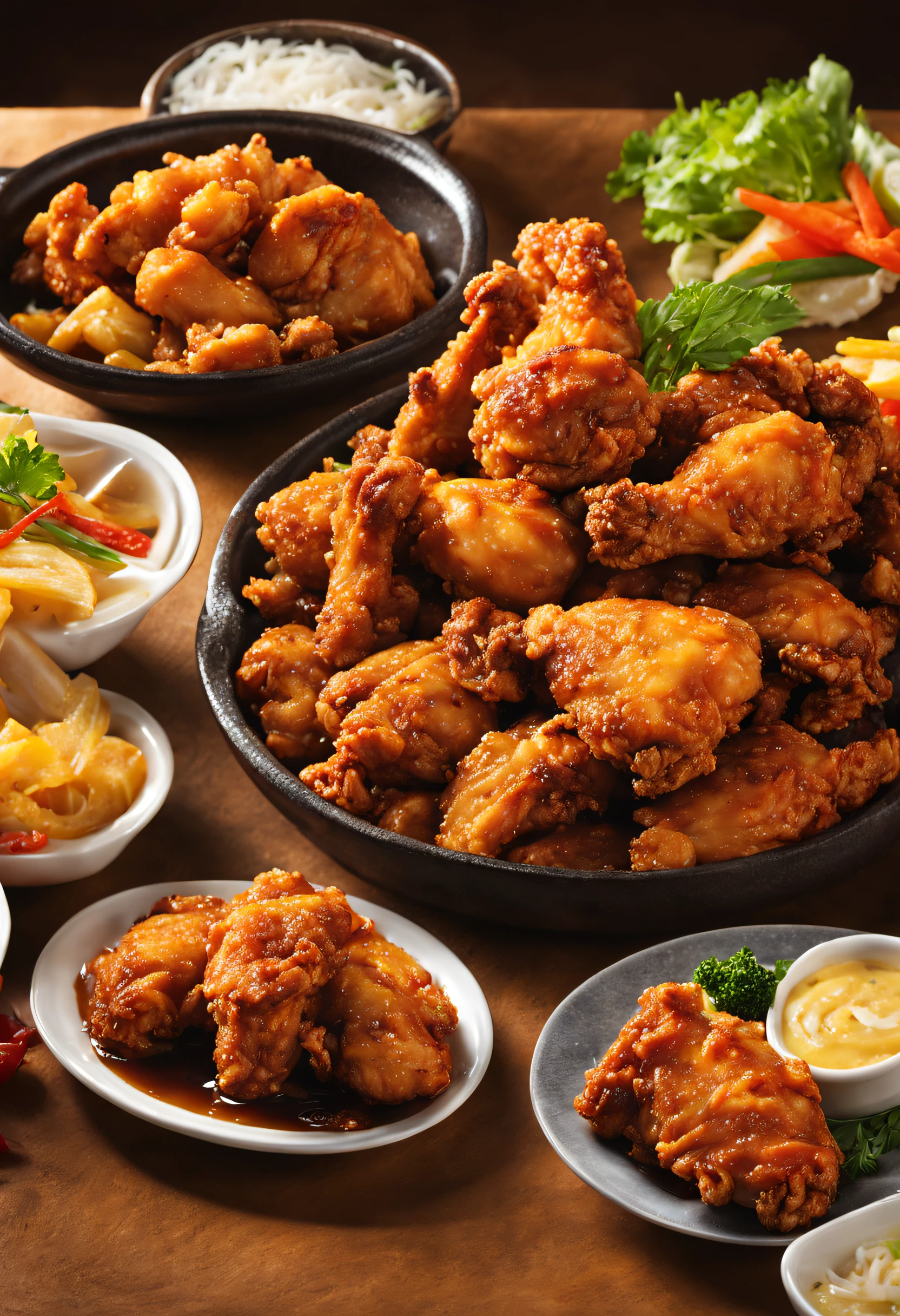 A tantalizing image captures the essence of a sizzling plate of fried chicken, radiating an irresistibly appetizing aroma. The golden-brown chicken pieces are perfectly crispy, their surface adorned with a glistening sheen. Wisps of steam rise, carrying the rich fragrance of well-seasoned and expertly fried chicken, tempting anyone in proximity with the promise of a delectable and savory dining experience.