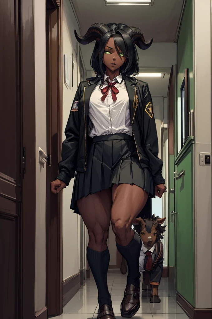 (Masterpiece) (High Detail) (High Res) (Black Skin) Looking from below A tall black humanoid girl with dark skin and ebony flesh and green eyes and short black hair and goat ears and short dark goat horns and a toned body and average to small breasts dressed in a schoolgirl outfit wearing a pleated skirt and a school jacket at an academy in the halls