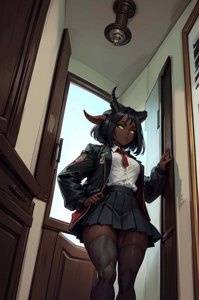 (Masterpiece) (High Detail) (High Res) (Black Skin) Looking from below A tall black humanoid girl with dark skin and ebony flesh and green eyes and short black hair and goat ears and short dark goat horns and a toned body and average to small breasts dressed in a schoolgirl outfit wearing a pleated skirt and a school jacket at an academy in the halls