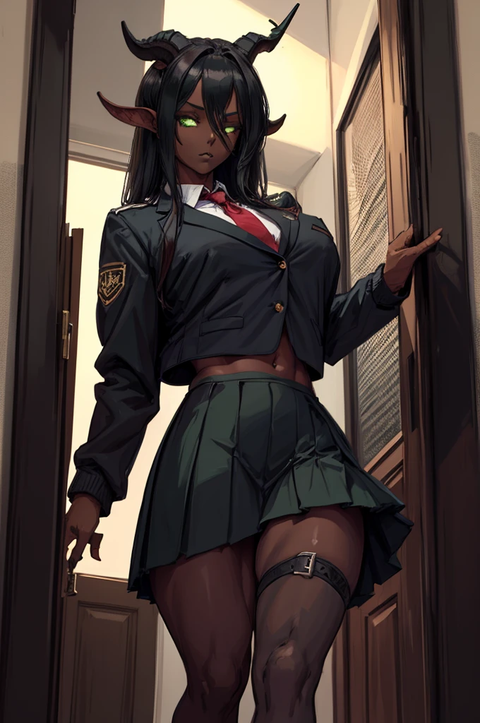 (Masterpiece) (High Detail) (High Res) (Black Skin) Looking from below A tall black humanoid girl with dark skin and ebony flesh and green eyes and short black hair and goat ears and short dark goat horns and a toned body and average to small breasts dressed in a schoolgirl outfit wearing a pleated skirt and a school jacket at an academy in the halls