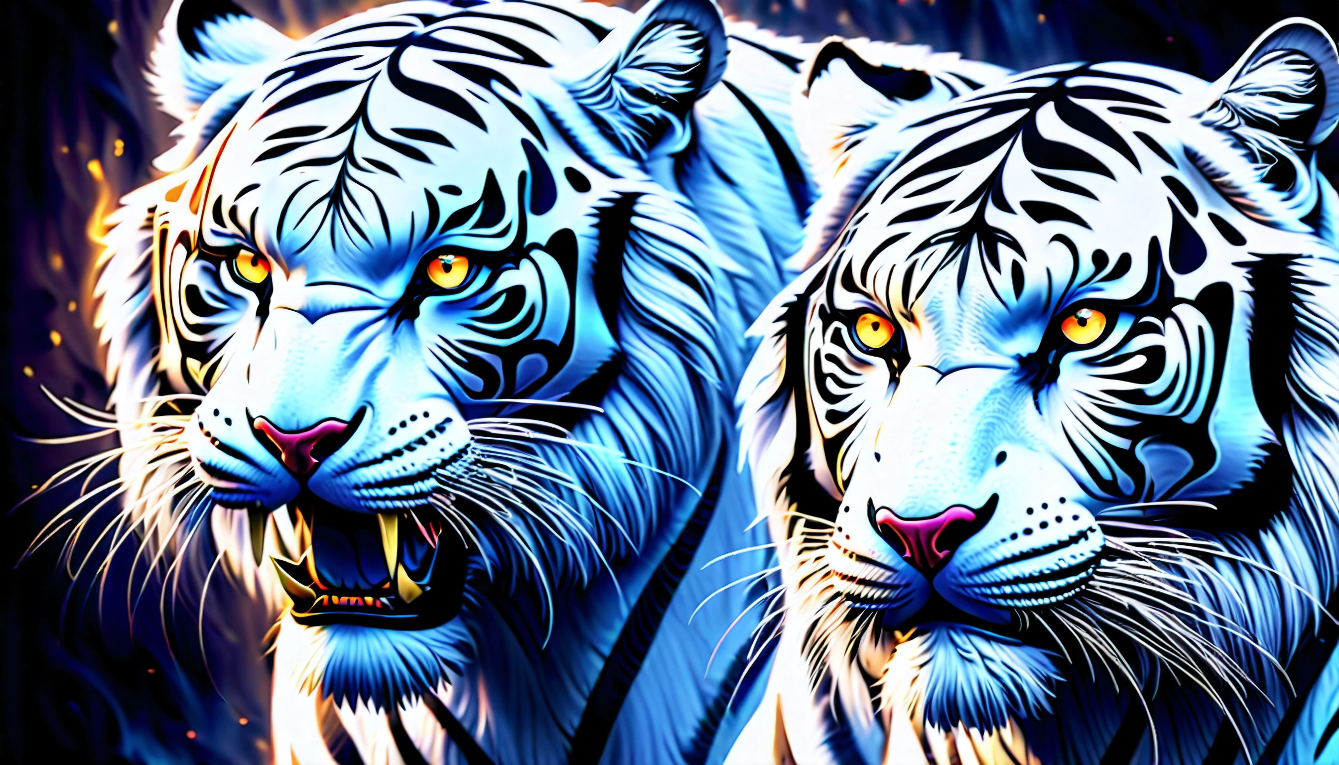 (((two fantasy creature characters of intricate detailed digital illustration:1.5))), (((a fierce with powerful white_tiger:1.3))), (((dark fantasy of epic detail illustration:1.3))), (((extremely intricate detail brushstrokes of chaos beauty phoenix background:1.4))), (large and slant up eyes:1.1), beauty glow eyes, cinematic angle with still, breathtaking beauty intricate detail, creative and interesting, intricate details and realistic 32k rendering, extremely intricate detailed, imagination breathtaking realm dark fantasy, enchanting of dark fantasy environment, stunning dark fantasy background, intricate details and flawless quality, high contrast masterpiece, delivering a visually stunning, dark fantasy and fantasia harmony, exquisite high-definition drawing, limitlessly high resolution, (sharp resolution:1.1), (((all captured in sharp focus:1.2))), (((rendered in stunning 32k resolution:1.3))), (((beautiful detail glow:1.3))), impeccable quality, (((highest quality:1.4))), highly quality, best quality, (((extremely insane detail:1.4))),