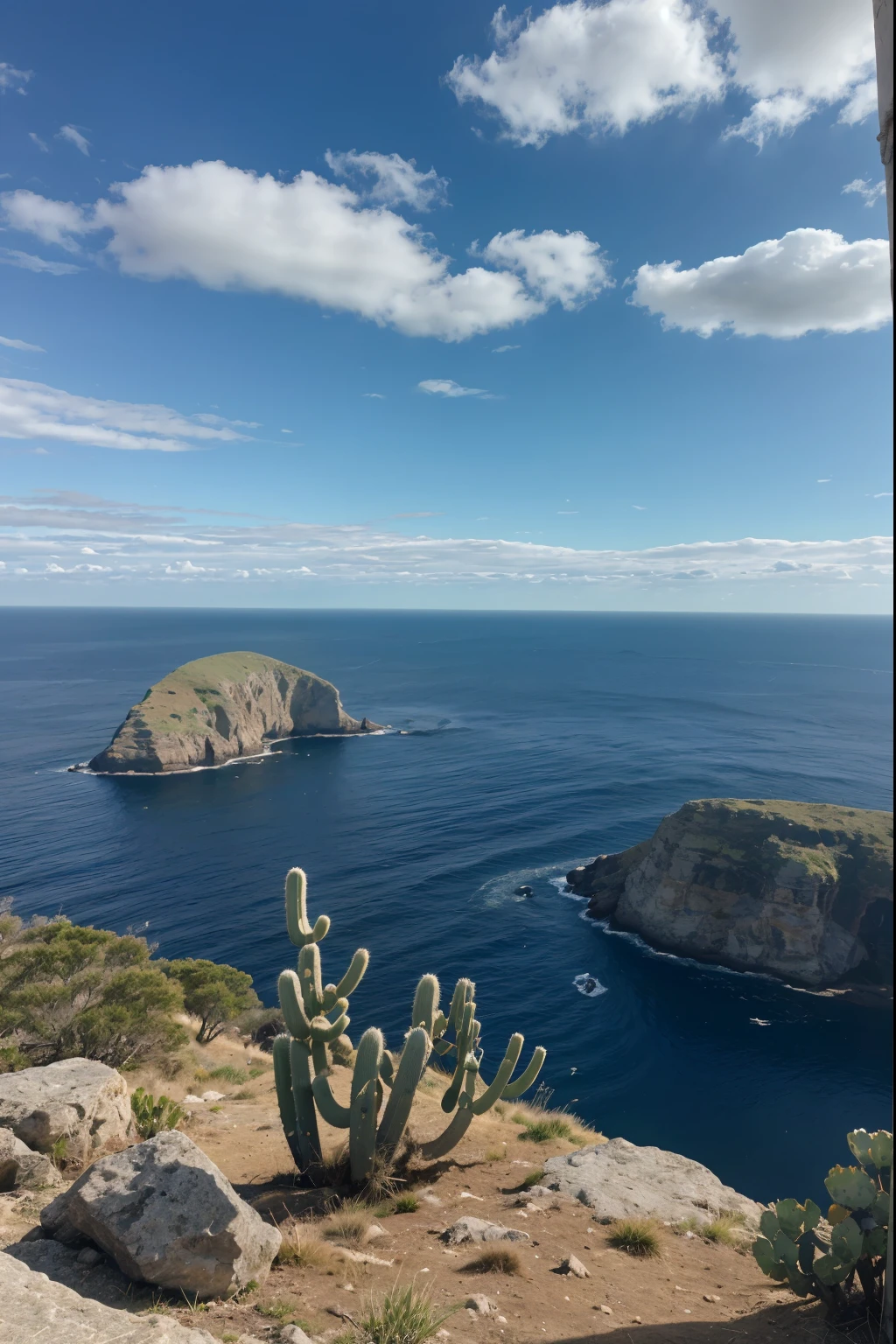 view of the ocean from a high place, y a la distancia varios islotes con algunos cactus, on a morning with few clouds and very sunny