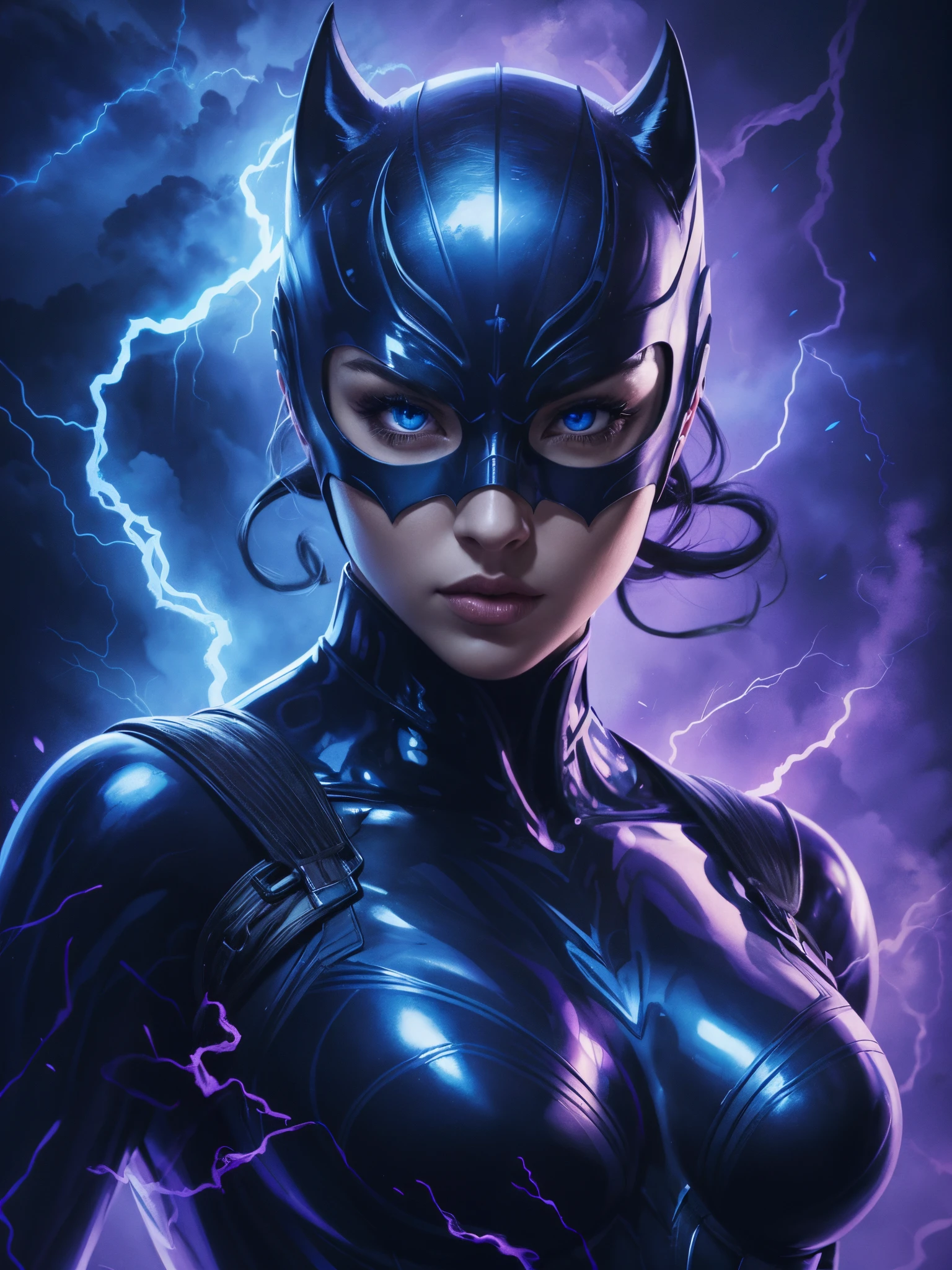 4K UHD illustration, upscaled professional drawing HDR, from DC comics in dynamic pose, full body image (:1.8) stunningly beautiful blonde woman, intense blue eyes, eyebrows toned skin, detailed catwoman mask, gloss white form fitting full length bodysuit, full lips, lips parted looking-into-camera, glowing lightning in background, swirling smoke eminating from fingertips, abandoned dojo background, detailed night time, thunderstorm atmosphere, glowing blue eyes emitting eeire spectral glow, purple lightning thunderstorm in background, 300dpi, masterpiece style, painting style, stroke style in a dark background,watercolor, charcoal, pen & Ink, tshirt design style, aesthetic for Tshirt design, darktone
