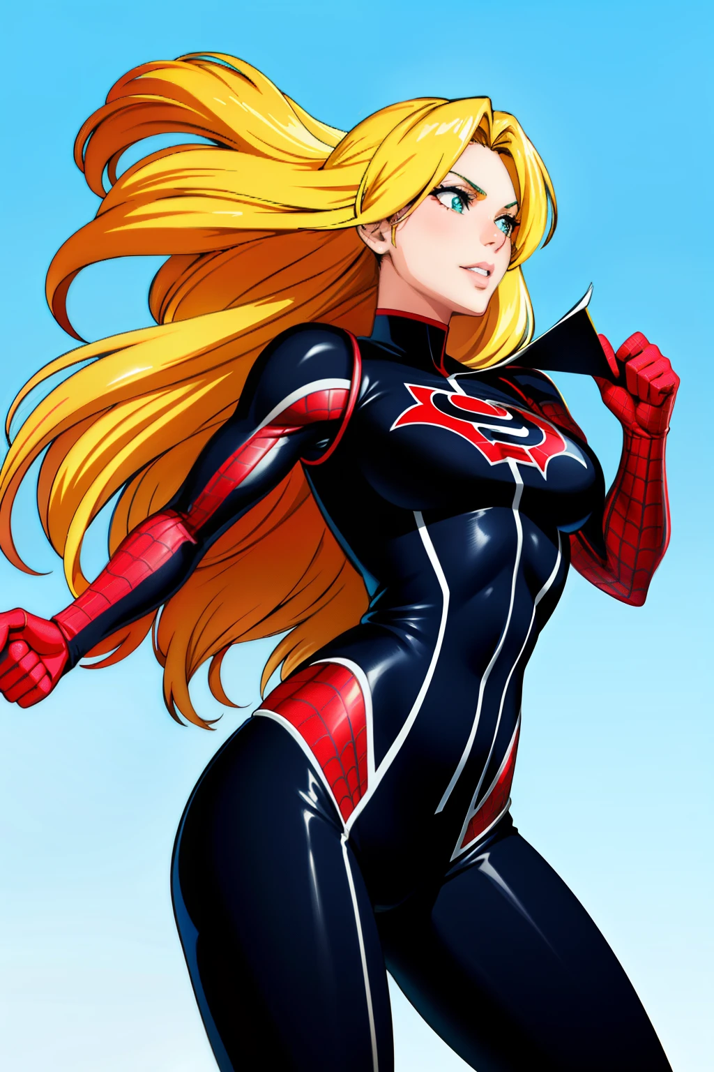 Cute girl , superhero , Tight fitting clothes, sexy body, sexy, yellow hair, Spider Man
