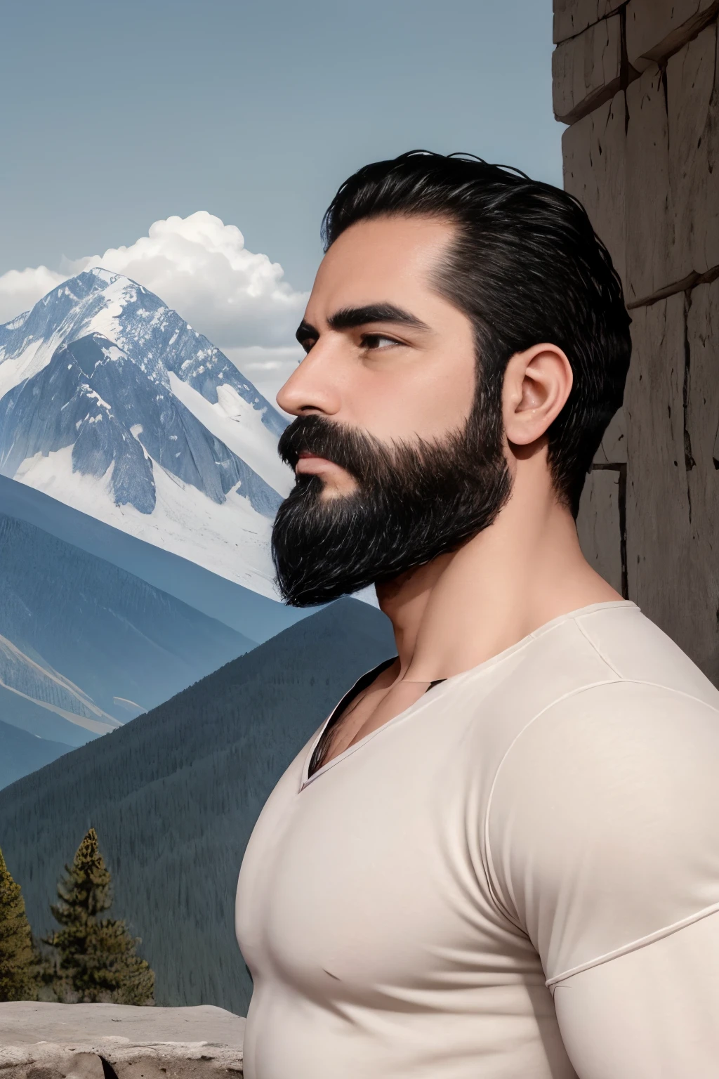 An illustration of a Greek god with a muscular build and a thick beard..............................................., designed in modern western attire............................................... Tiene una camisa blanca y jeans............................................... His expression is confident and charming..............................................., con un atisbo de sonrisa. The setting is a snowy mountain.............................................., evoking a classic cold atmosphere, sin dejar de mantener el aura poderosa y regia del dios.