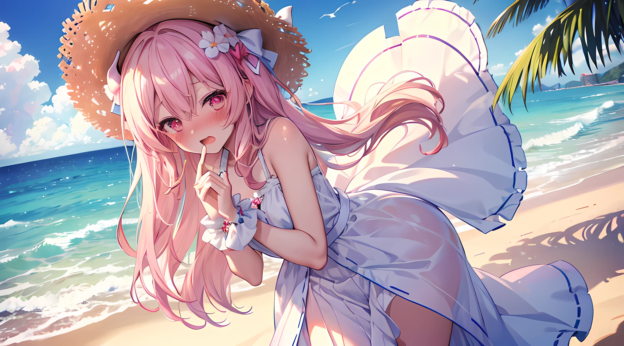 (1 demon girl), masterpieces, 8k, ultra HD, prim, white summer dress, straw hat with flowers, front lighting, walking on beach, hand, demon girl, demon horns, multi colored hair, (blushing: 1.5), open mouth, licking finger, heart eyes, beautiful beach,