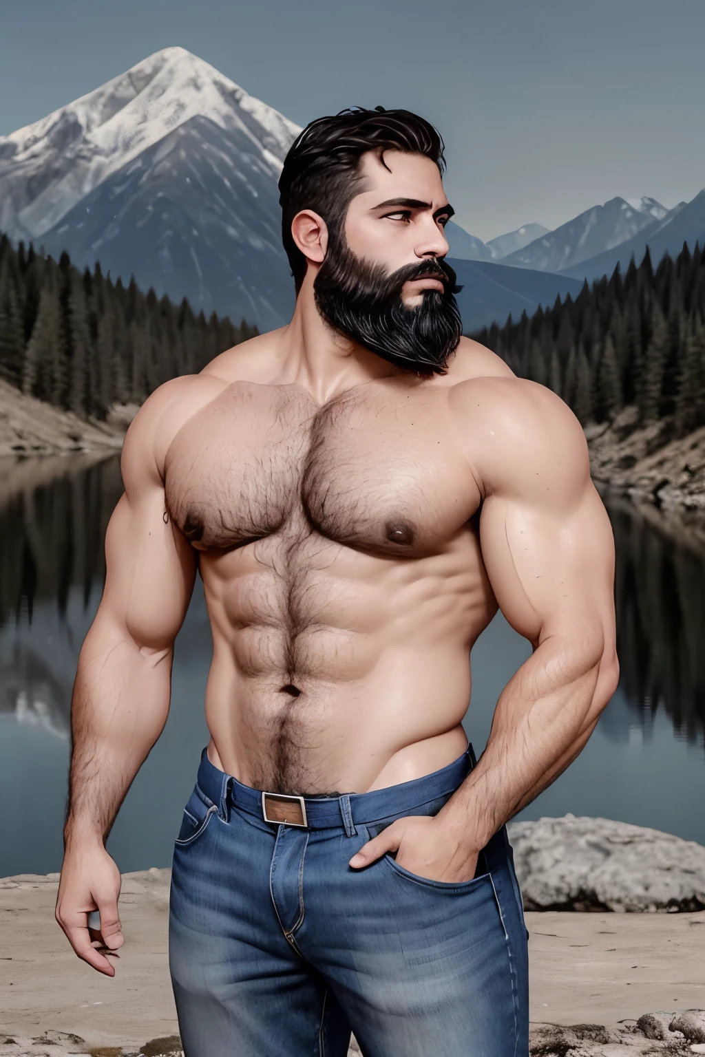 An illustration of a Greek god with a muscular build and a thick beard..............................................., designed in modern western attire............................................... Tiene una camisa blanca y jeans............................................... His expression is confident and charming..............................................., con un atisbo de sonrisa. The setting is a snowy mountain.............................................., evoking a classic cold atmosphere, sin dejar de mantener el aura poderosa y regia del dios.