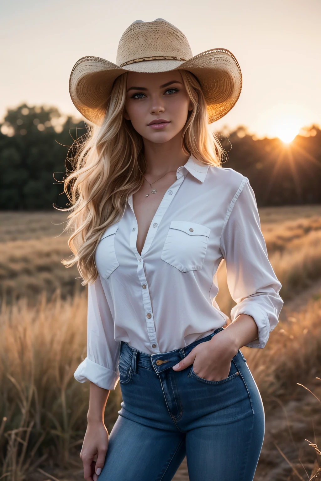From above. portrait of a gorgeous European blonde woman, age 23, wavy hair.
she’s a playboy magazine model. She has a subtle smile and flirts with the camera.
(She's dressed in cowboy clothes with a shirt and jeans and cowboy hat.She's standing in the countryside:1.2)
perfect eyes, perfect hands, perfect body, perfect hair, perfect breast, hair behind ear, blurry foreground, UHD, retina, masterpiece, accurate, anatomically correct, textured skin, super detail, high details, high quality, award winning, best quality, highres, 16k, 8k, sunset light