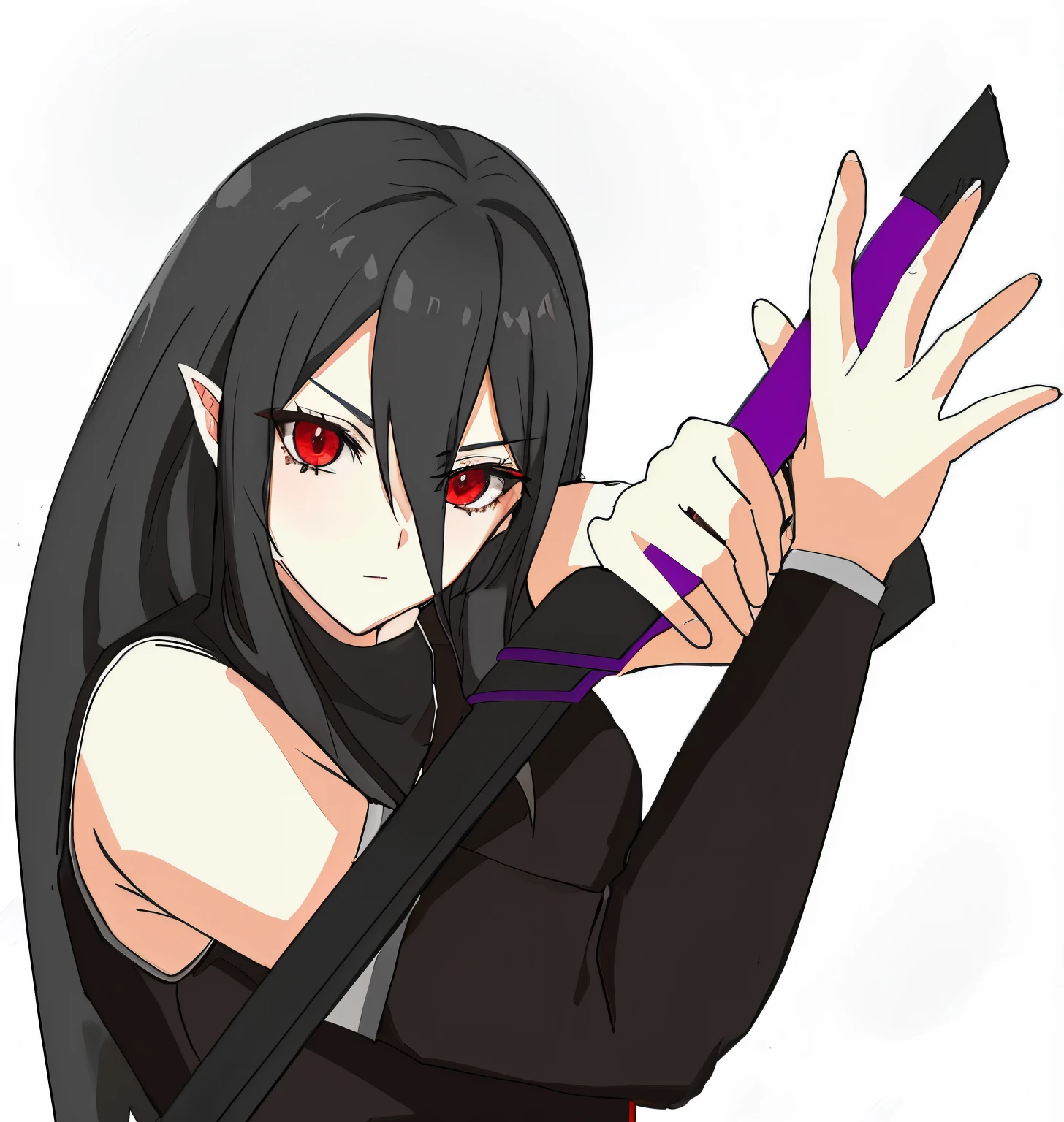anime red eye sharp ear girl with long black hair holding a sword and wearing a black outfit, gapmoe yandere grimdark, gapmoe yandere, wielding sword, holding a sword on her shoulder, portrait gapmoe yandere grimdark, l vampire, yandere, demon anime girl, yandere. tall, holding sabre
