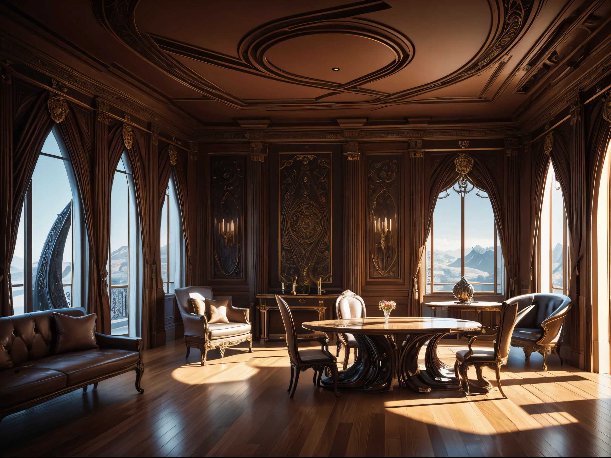 Interior of a room with abstract curving carvings with a luxurious professional design by a famous abstract construction interior designer that brings these fantasy curves to a breathtaking surreal masterpieces designs to life, professionally photographed with 8k insane sharp focus quality surroundings