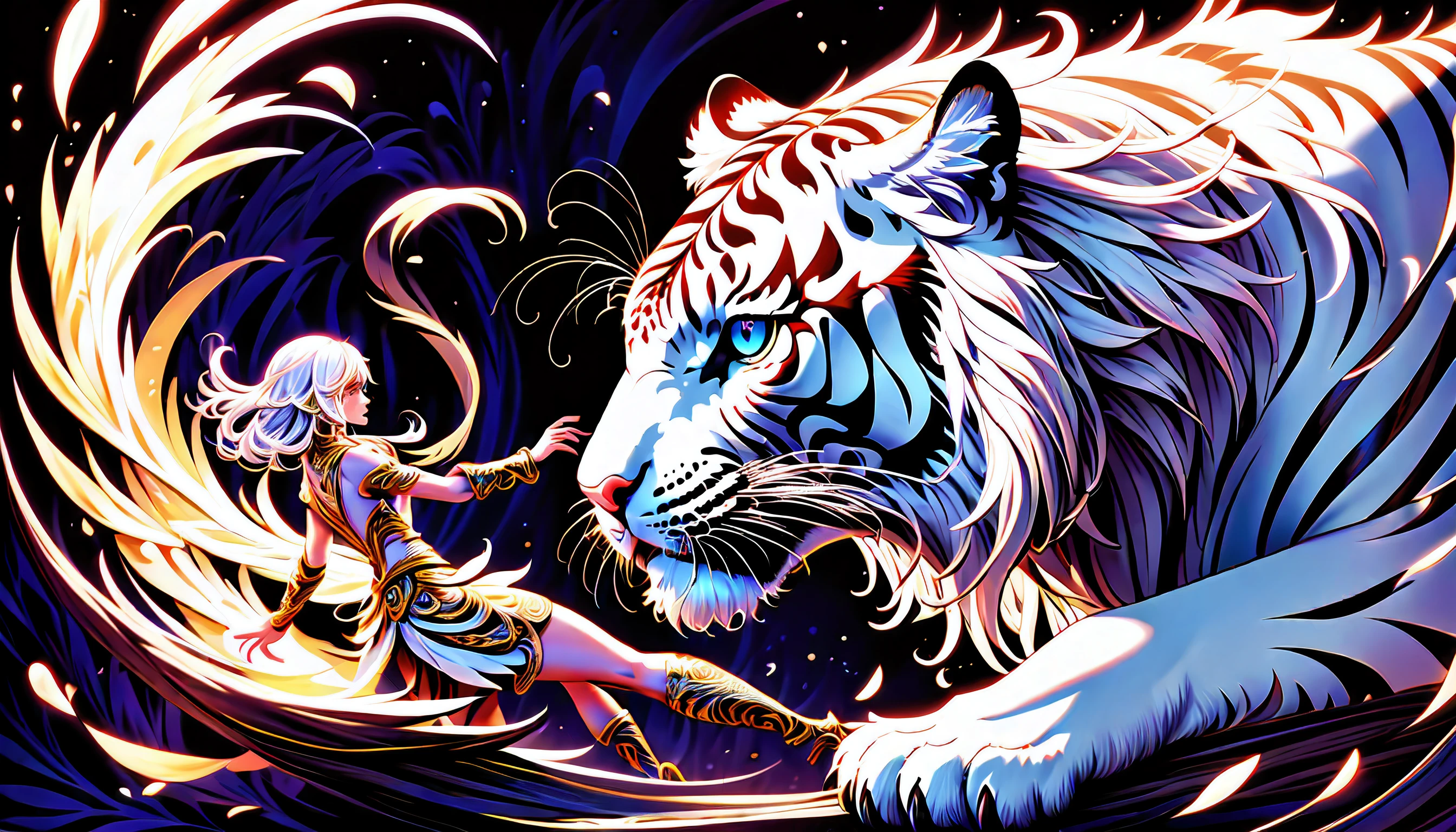 (((two fantasy creature characters of intricate detailed digital illustration:1.5))), (((a fierce with powerful white_tiger:1.3))), (((dark fantasy of epic detail illustration:1.3))), (((extremely intricate detail brushstrokes of chaos beauty phoenix:1.4))), (large and slant up eyes:1.1), beauty glow eyes, cinematic angle with still, breathtaking beauty intricate detail, creative and interesting, intricate details and realistic 32k rendering, extremely intricate detailed, imagination breathtaking realm dark fantasy, enchanting of dark fantasy environment, stunning dark fantasy atmosphere background, intricate details and flawless quality, high contrast masterpiece, delivering a visually stunning, dark fantasy and fantasia harmony, exquisite high-definition drawing, limitlessly high resolution, (sharp resolution:1.1), (((all captured in sharp focus:1.2))), (((rendered in stunning 32k resolution:1.3))), (((beautiful detail glow:1.3))), impeccable quality, (((highest quality:1.4))), highly quality, best quality, (((extremely insane detail:1.4))),