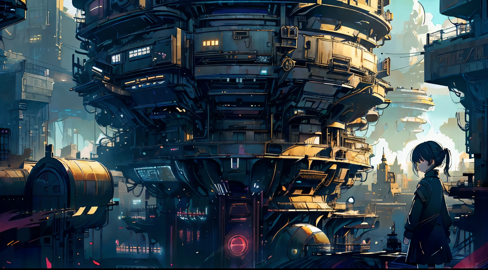 A ray of hope in a dystopia、A girl wanders into a dark Chinese skyscraper、One littlck in the back center of the screen、Very complex cityscape、A devastated world、Pulling composition、industrial、High-definition depiction、A city lined with electric wires、Magic Hour、Make a story with 4 sheets