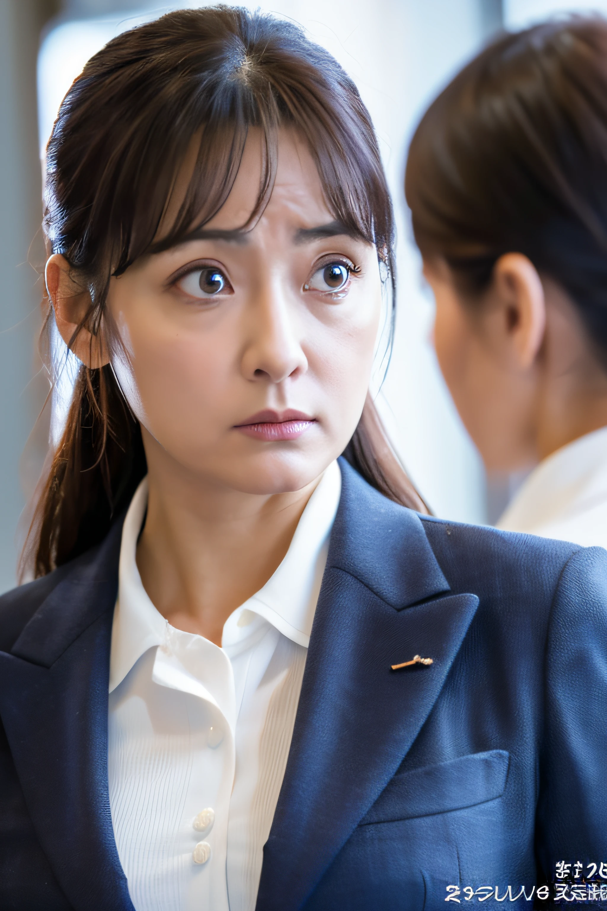 8K、top-quality、ultra-detailliert、​masterpiece、realisitic、Photo Real、35-year-old woman、Beautiful fece、Fulll body Shot、Big eyes、二重まぶた、独奏、A Japanese Lady、Business suits、(Worried look:1.5)、Background white