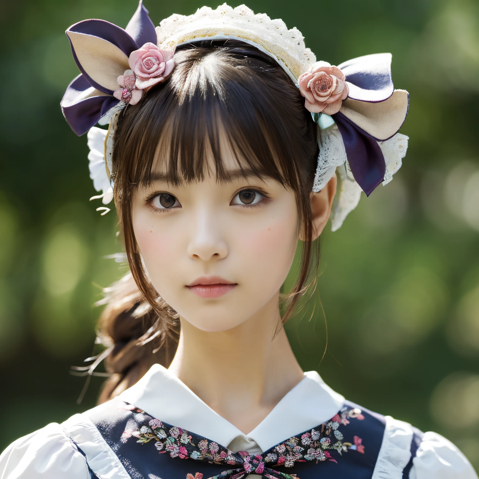 1girl in, masutepiece, Best Quality, 8K, Detailed skin texture, Detailed Cloth Texture, beautifull detailed face, Intricate details, ultra-detailliert, Alice in Wonderland, (Bow on her head:1.1), Upper body