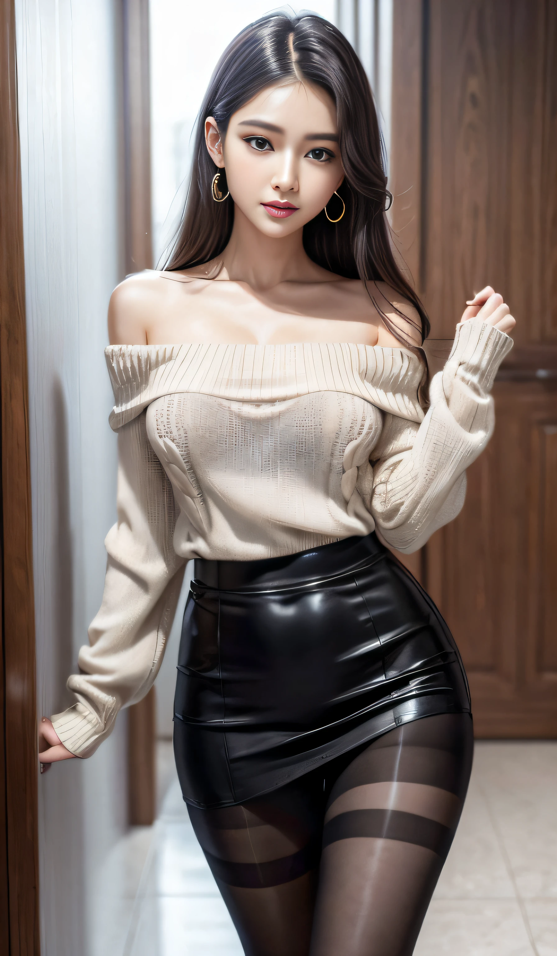 (Best quality, masterpiece, detailed), (RAW, 4k, hd images), shy, 1 girl, , white skin, long hair, ponytail, layers hair, bangs, black hair, beautiful girl, cute girl, sweet girl, pretty girl, perfect girl, pretty eyes, blue eyes, thin lips, thin, (eye line, lip stick soft), perfect , glasses(detailed frame), room, smile, thigh, white off shoulder clothes, black short skirt, standing, white wall background, pose like a model, facing on camera, full body, full legs, foot with high heels