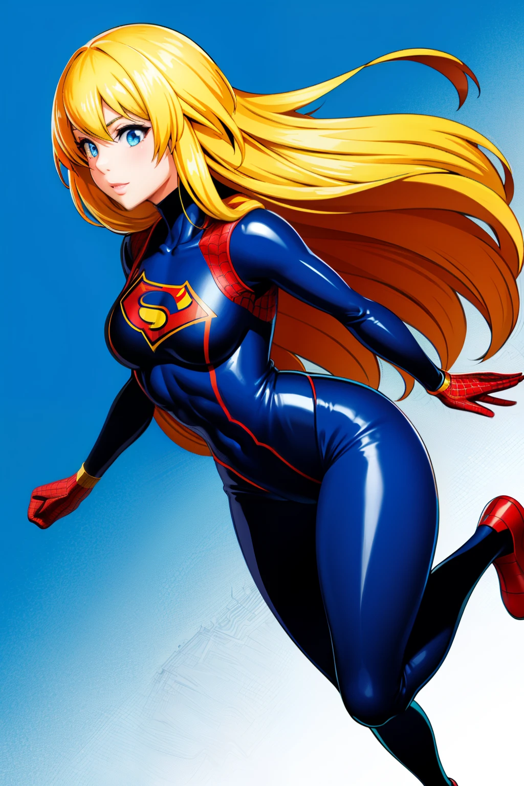 Cute girl , superhero , Tight fitting clothes, sexy body, sexy, yellow hair, Spider Man, full body