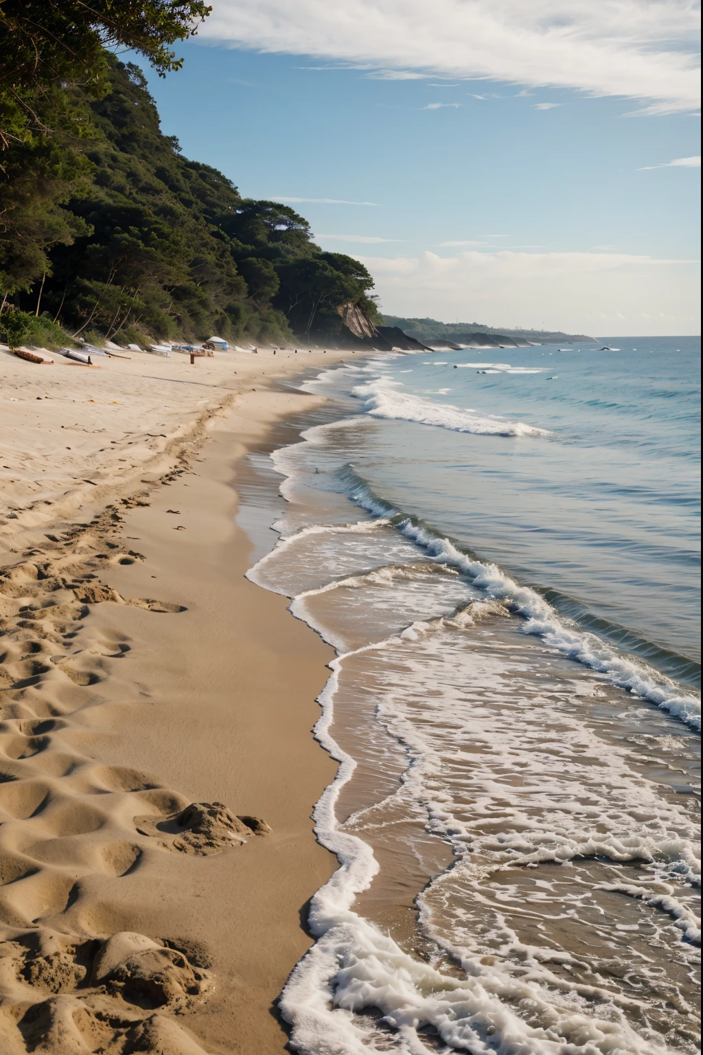 view of a beach with smoky colors in the ocean and soft clean sand, con un sol radiante