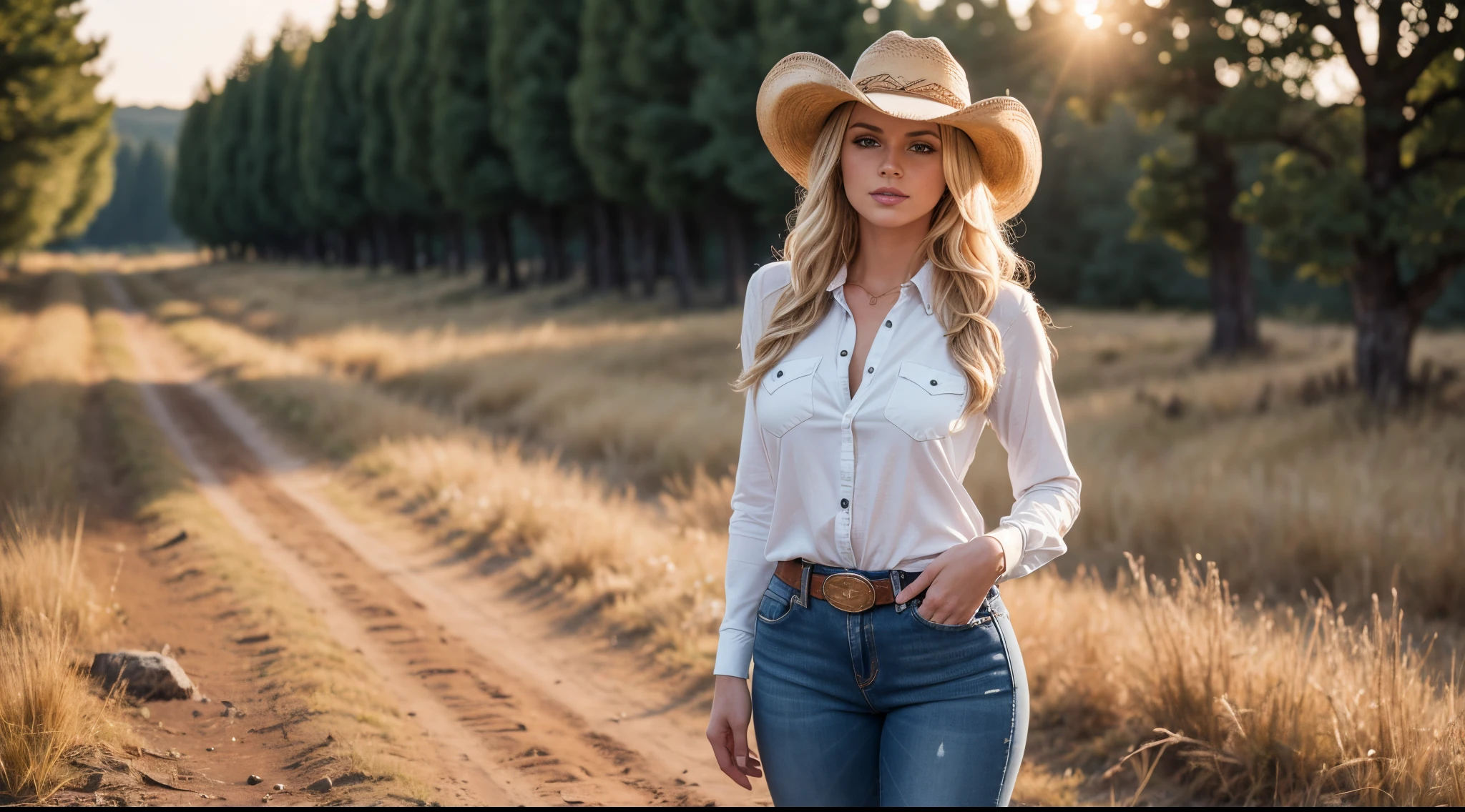 Full body shot of 1 gorgeous European blonde woman, age 23, wavy hair.
she’s a playboy magazine model. She has a subtle smile and flirts with the camera.
(She's dressed in cowboy clothes with a shirt and jeans and cowboy hat.She's standing in the countryside:1.2)
perfect eyes, perfect hands, perfect body, perfect hair, perfect breast, hair behind ear, blurry foreground, UHD, retina, masterpiece, accurate, anatomically correct, textured skin, super detail, high details, high quality, award winning, best quality, highres, 16k, 8k, sunset light