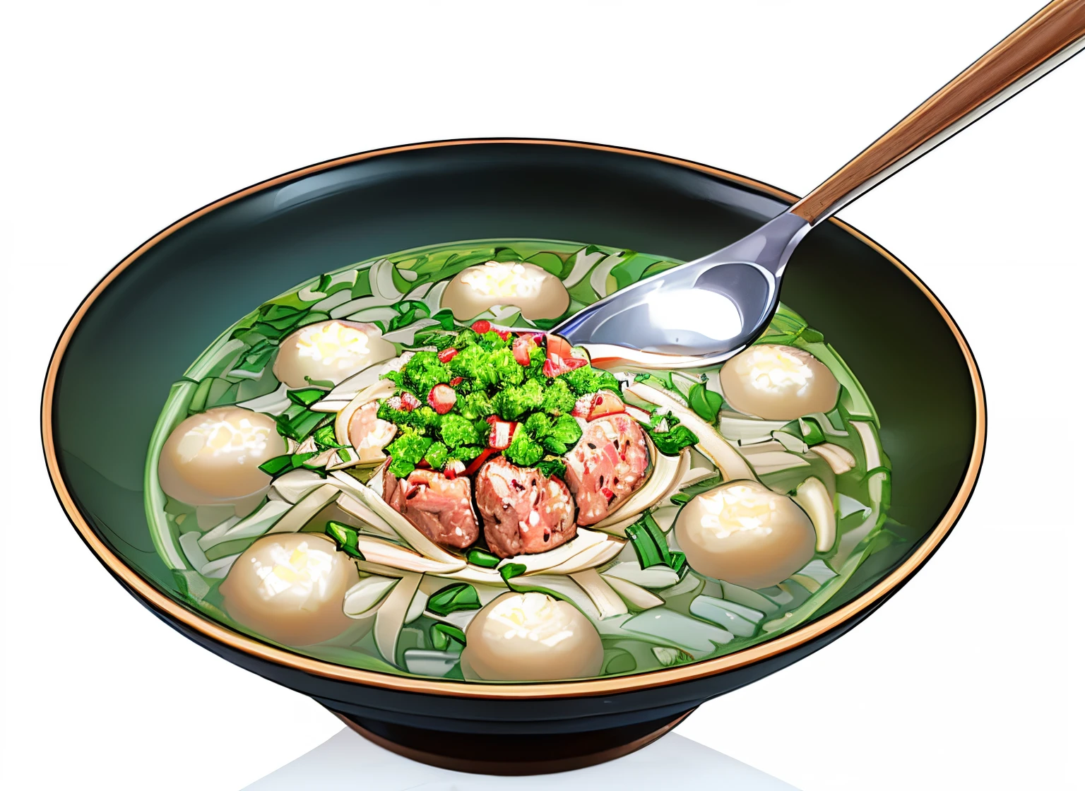 A bowl of meatball soup and a spoon, Super realistic food pictures, guweiz, high detail digital painting, very detailed digital painting, Real photos of delicious pho, A masterpiece by Guwitz, Produced by Anime Painter Studio, giant river, digital painting very detailed, soft digital painting, Anime food, highly detailed digital painting, detailed digital painting