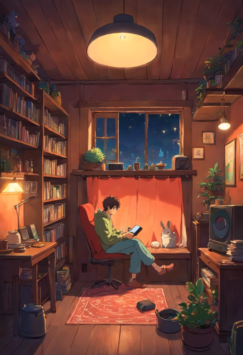 Man listening to music in cozy room at night, Usando Furnes de Uviedo, 2D style anime, Lo-Fi, hdd, ambiente dark