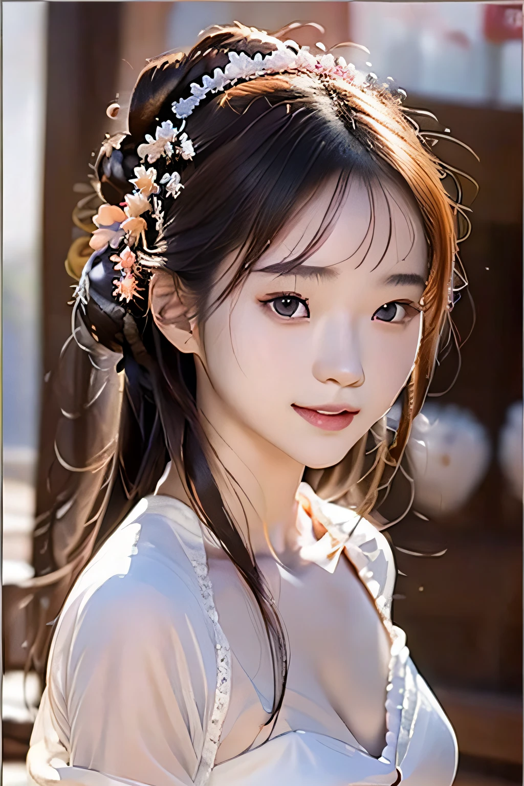 best images quality, Masterpiece level, 超高分辨率, hentail realism, fantasy themed, arma, detail in face, one-girl, Single, hair-bun, Fairy tale theme, The upper part of the body, Chinese architecture, 火焰, Get detailed outdoor lighting and cinematic lighting, Increase the detail of the overall ambient light, Face and eye details, Improve the realism of body details, articulate clear focus, face expressionless, white clothes, Burgundy hair, eyes with brightness, simple backgound.