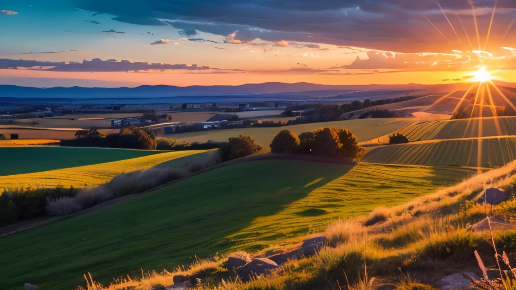 Eye level, usa countryside landscape, sunset light. (Sun on the left side:1.1), UHD, retina, masterpiece, accurate, super detail, high details, high quality, award winning, best quality, highres, 16k, 8k, sunset light