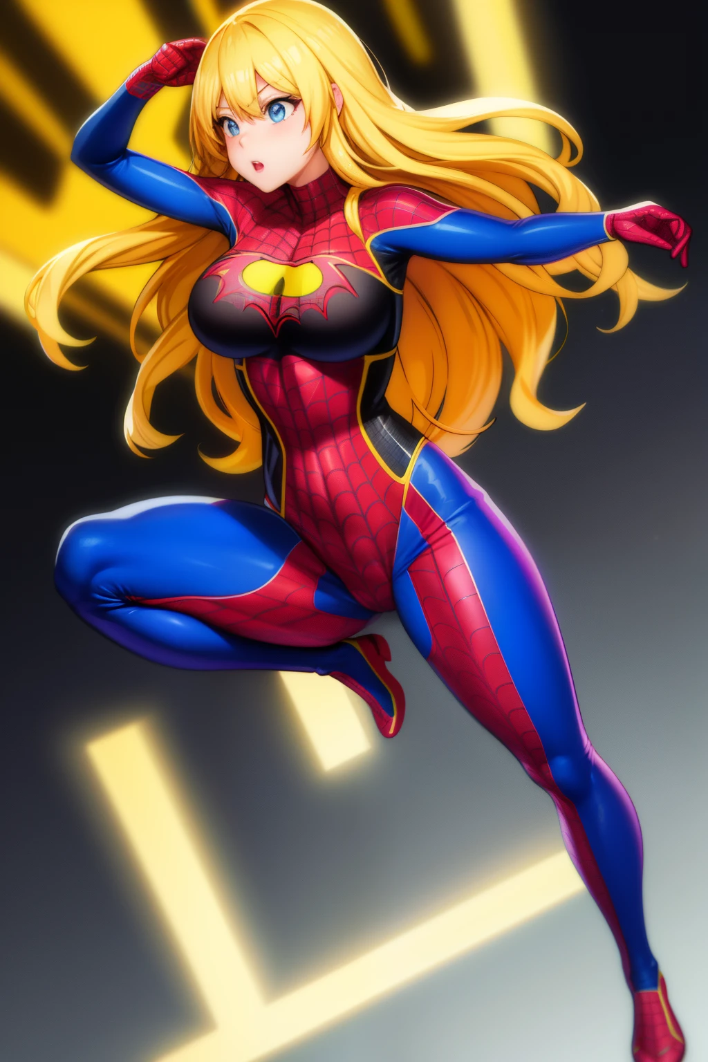 Cute girl , superhero , Tight fitting clothes, sexy body, sexy, yellow hair, Spider Man